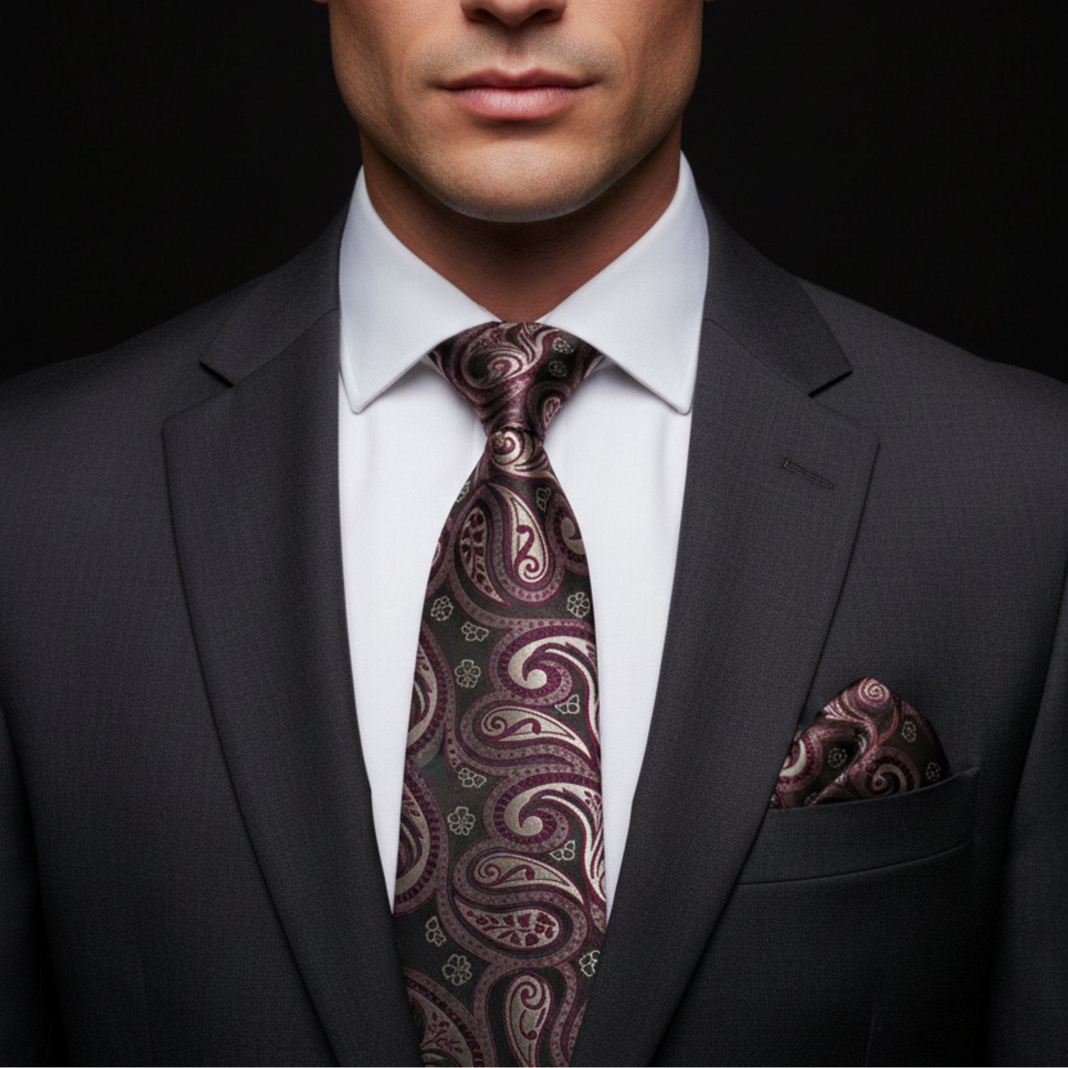 Man wearing a dark suit with a patterned tie and pocket square on a black background