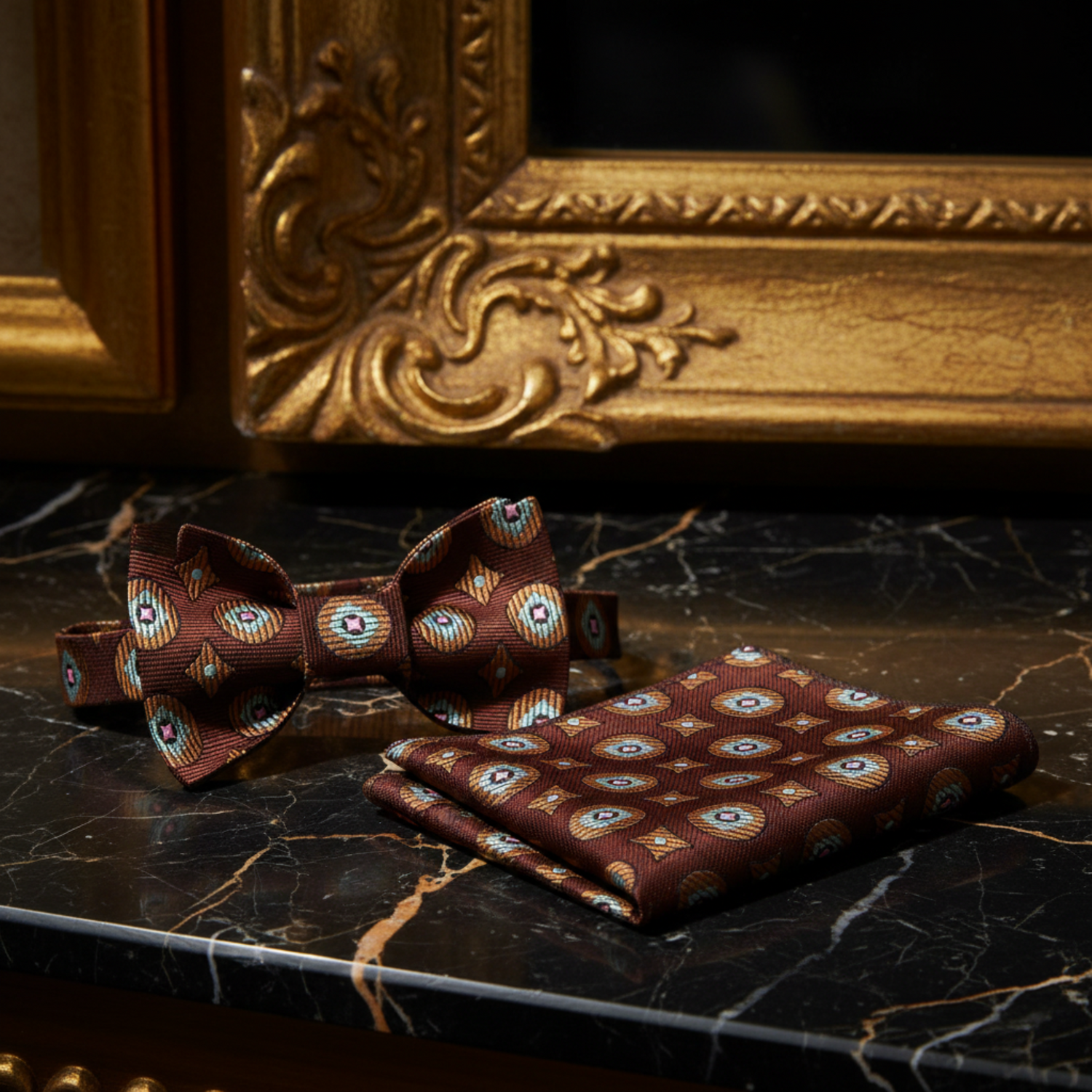 A Brown, Pink Geometric Circles and Diamonds Pattern Self Tie Bow Tie, Matching Pocket Square