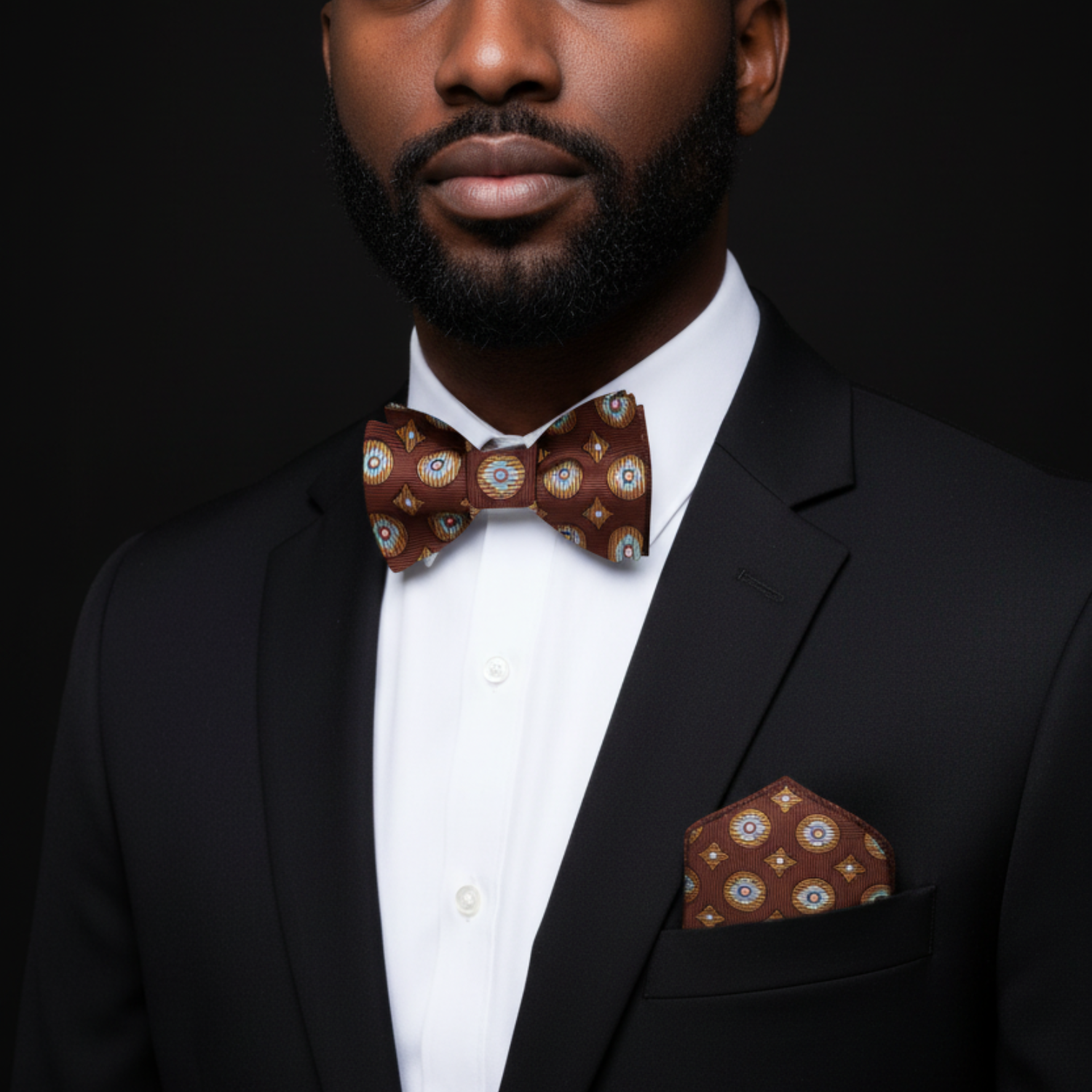 Man wearing a black suit with a patterned bow tie and pocket square on a dark background