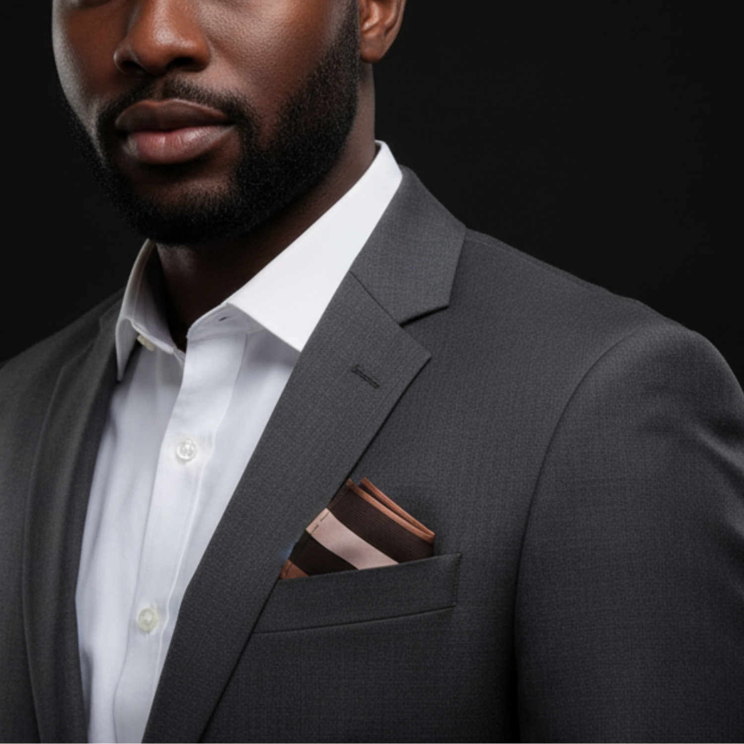 Man wearing grey suit with brown stripe square