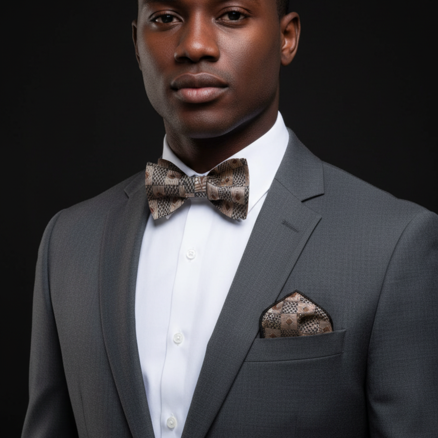 Man wearing Gold, Brown Geometric Diamonds Bow Tie and Pocket Square