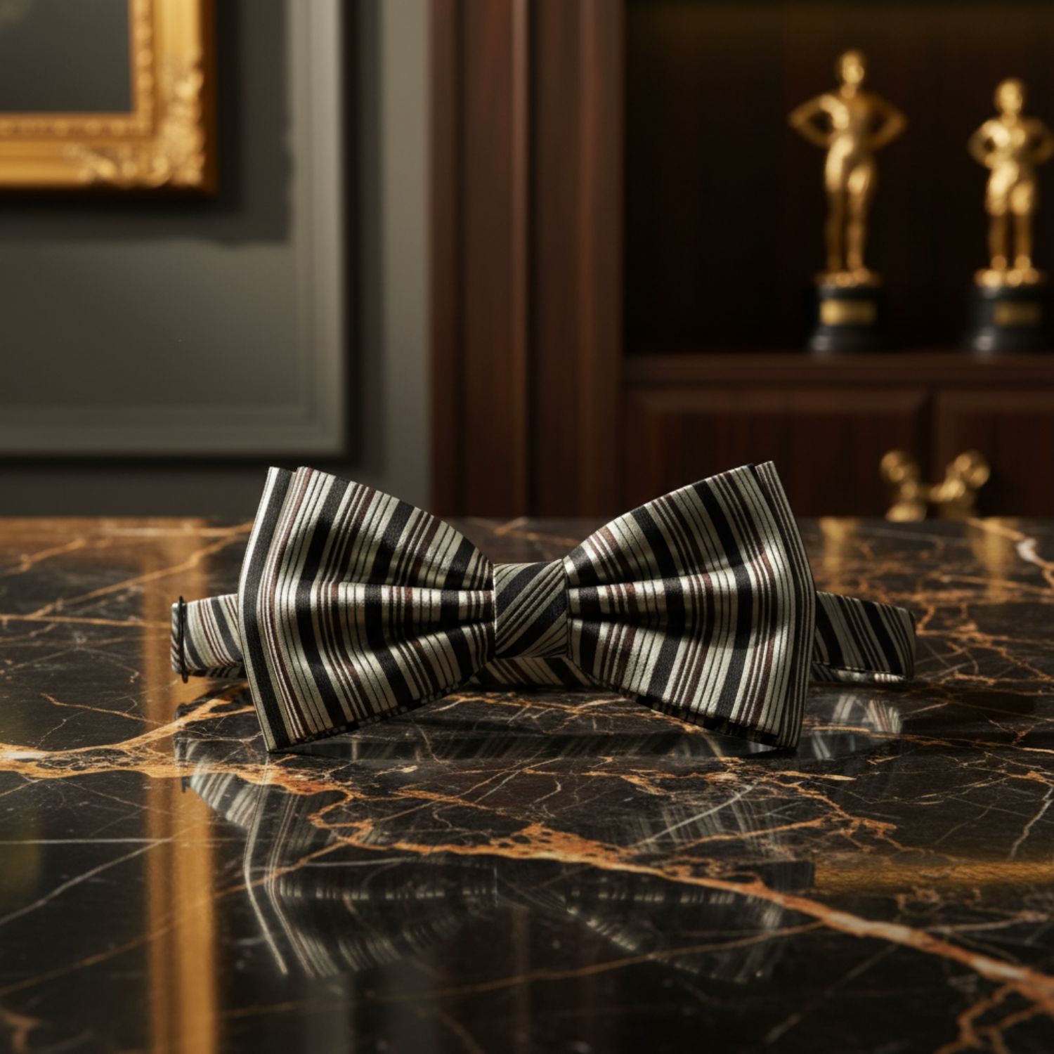 A Brown, Gold, Black Stripe Pattern Silk Pre Tied Bow Tie 