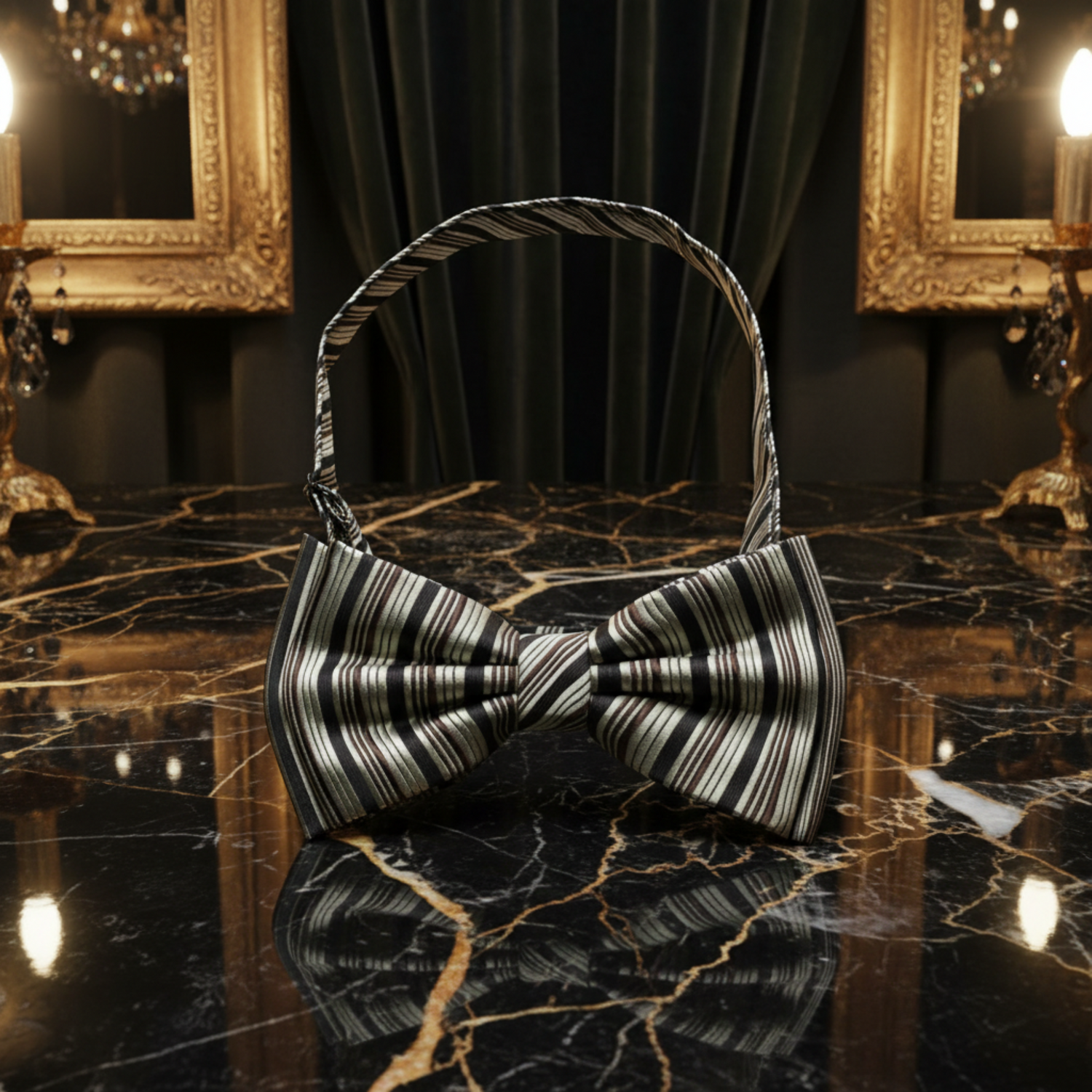 Boys Cream Black Brown Fine Stripe Pre-Tied Bow Tie