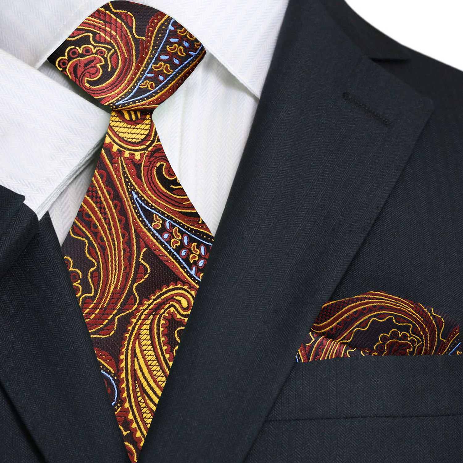 A Blue, Brown, Gold Paisley Pattern Silk Necktie, Matching Pocket Square Primary view 1