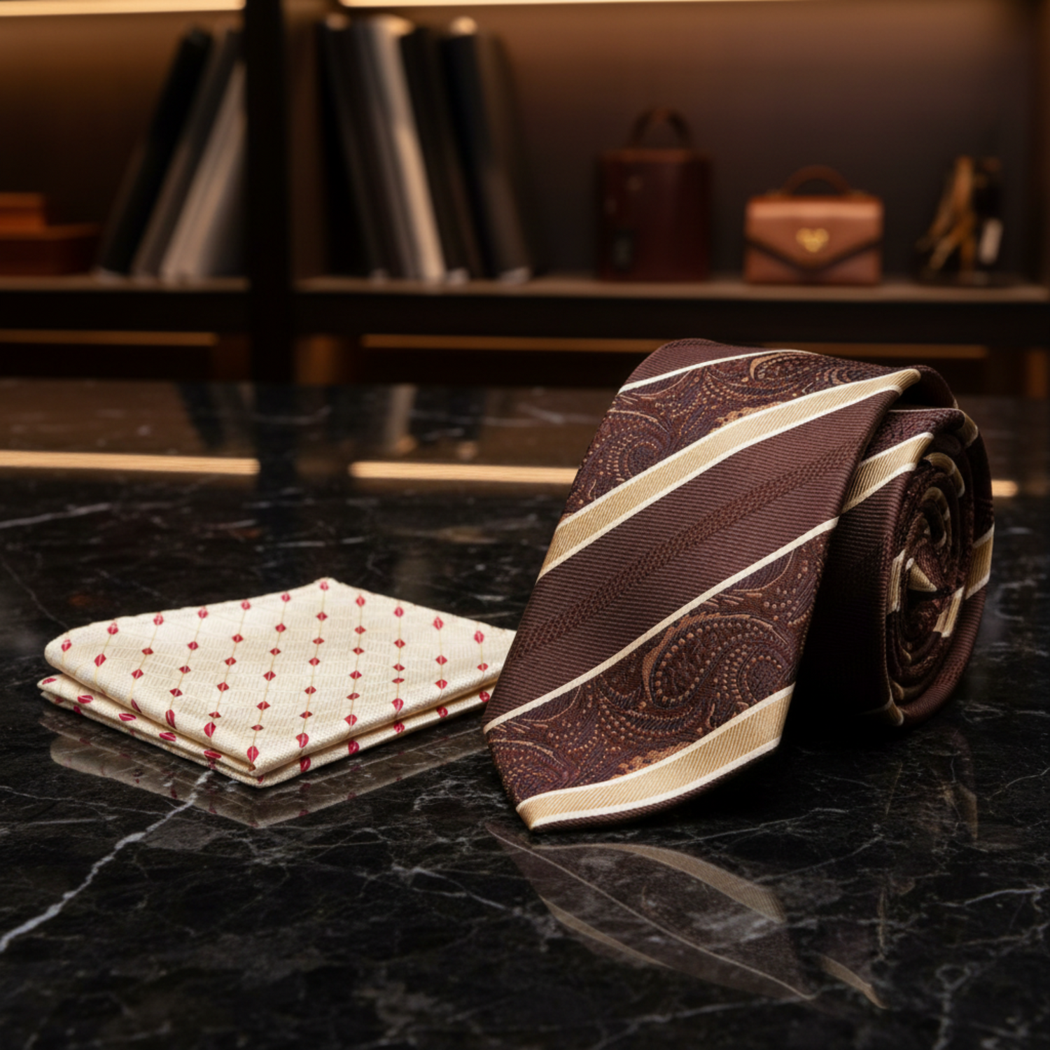 A men's necktie and matching pocket square set. The necktie is dark brown with beige diagonal stripes and a paisley pattern.