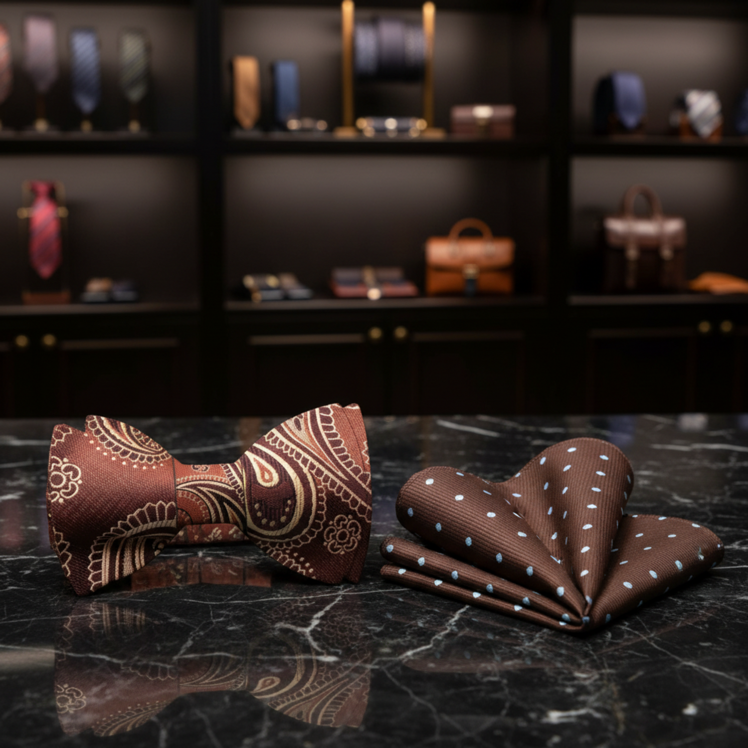 Brown and Gold Paisley Self Tie Bow Tie and Accenting Polka Square