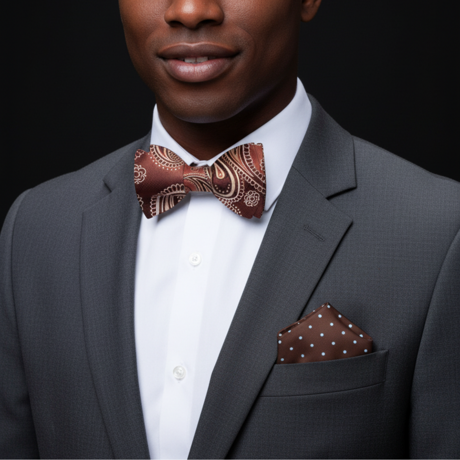 Man wearing a gray suit with a patterned bow tie and pocket square on a black background