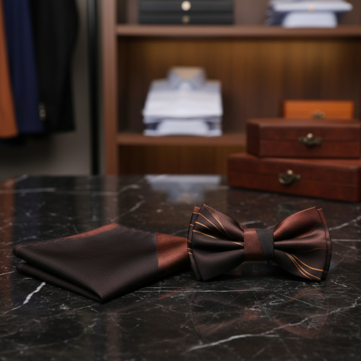 Brown bow tie and pocket square set on a white background