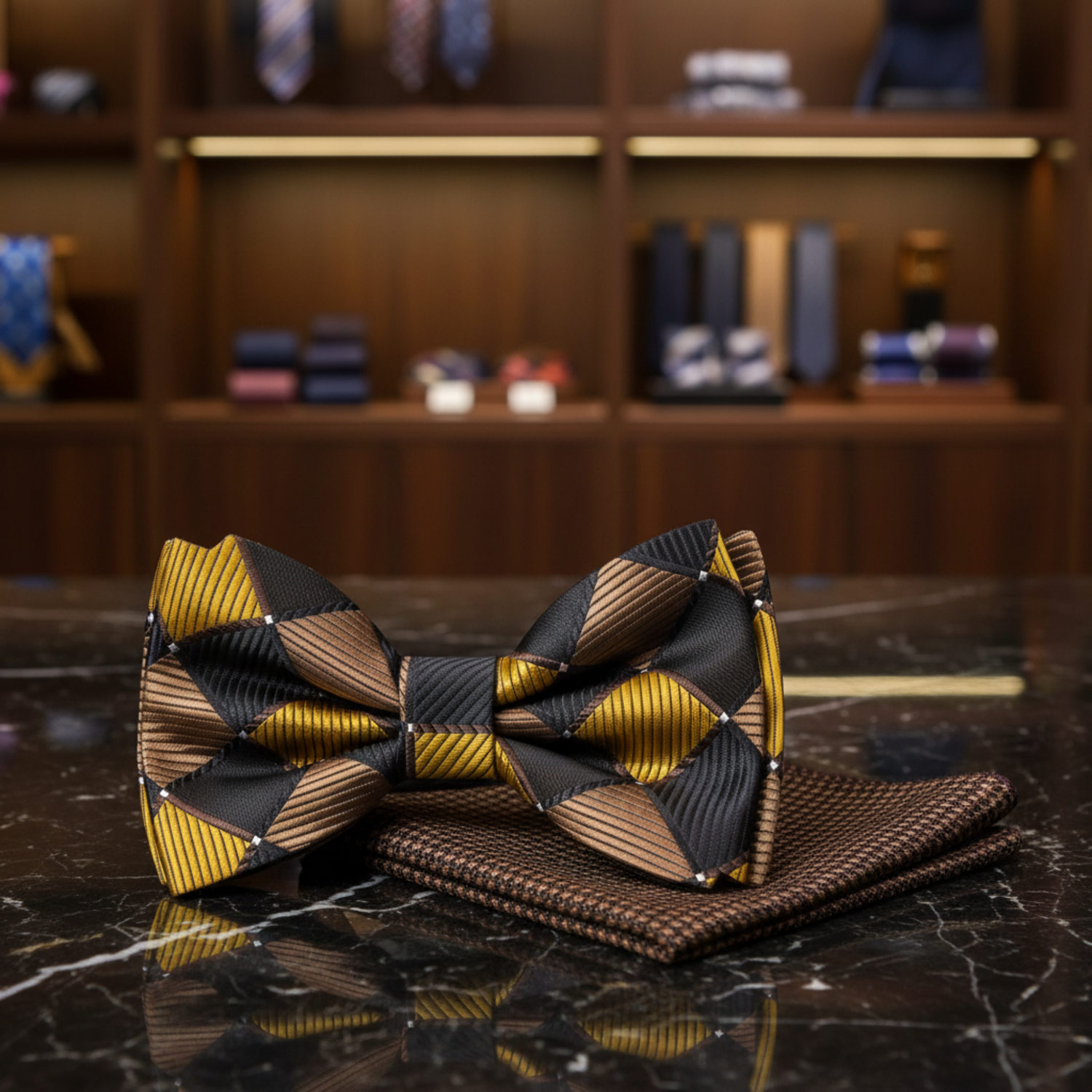 Brown, Gold Diamonds Bow Tie and Accenting Square