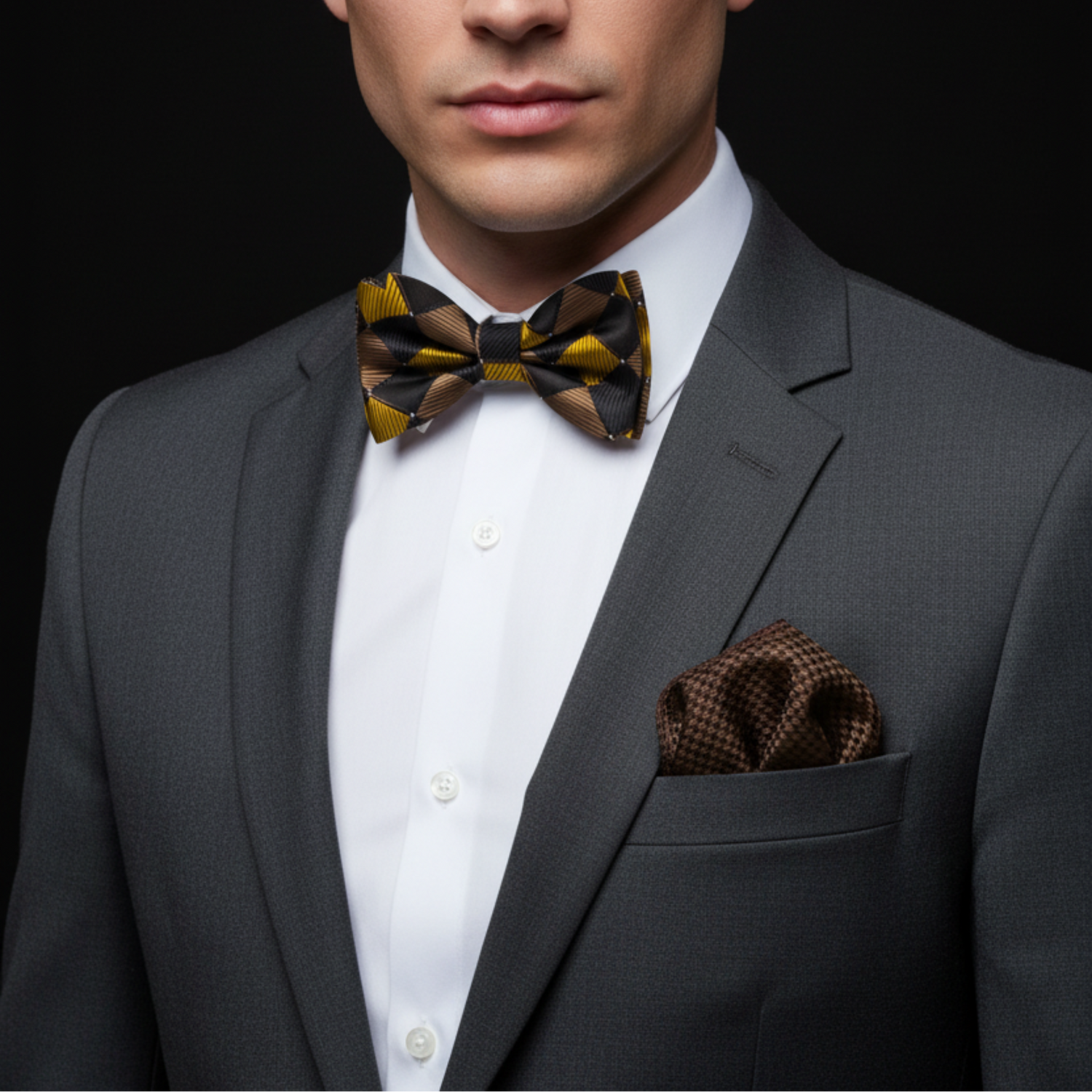 Man wearing a gray suit with a patterned bow tie and pocket square on a black background