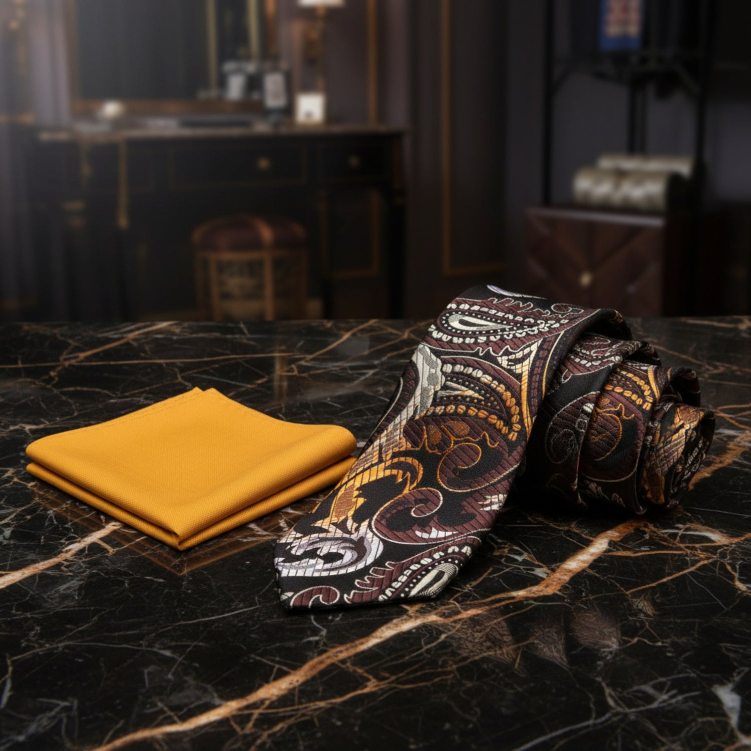 A men's necktie with an intricate brown, gold, and white paisley pattern on a black base, displayed next to a folded mustard yellow pocket square  