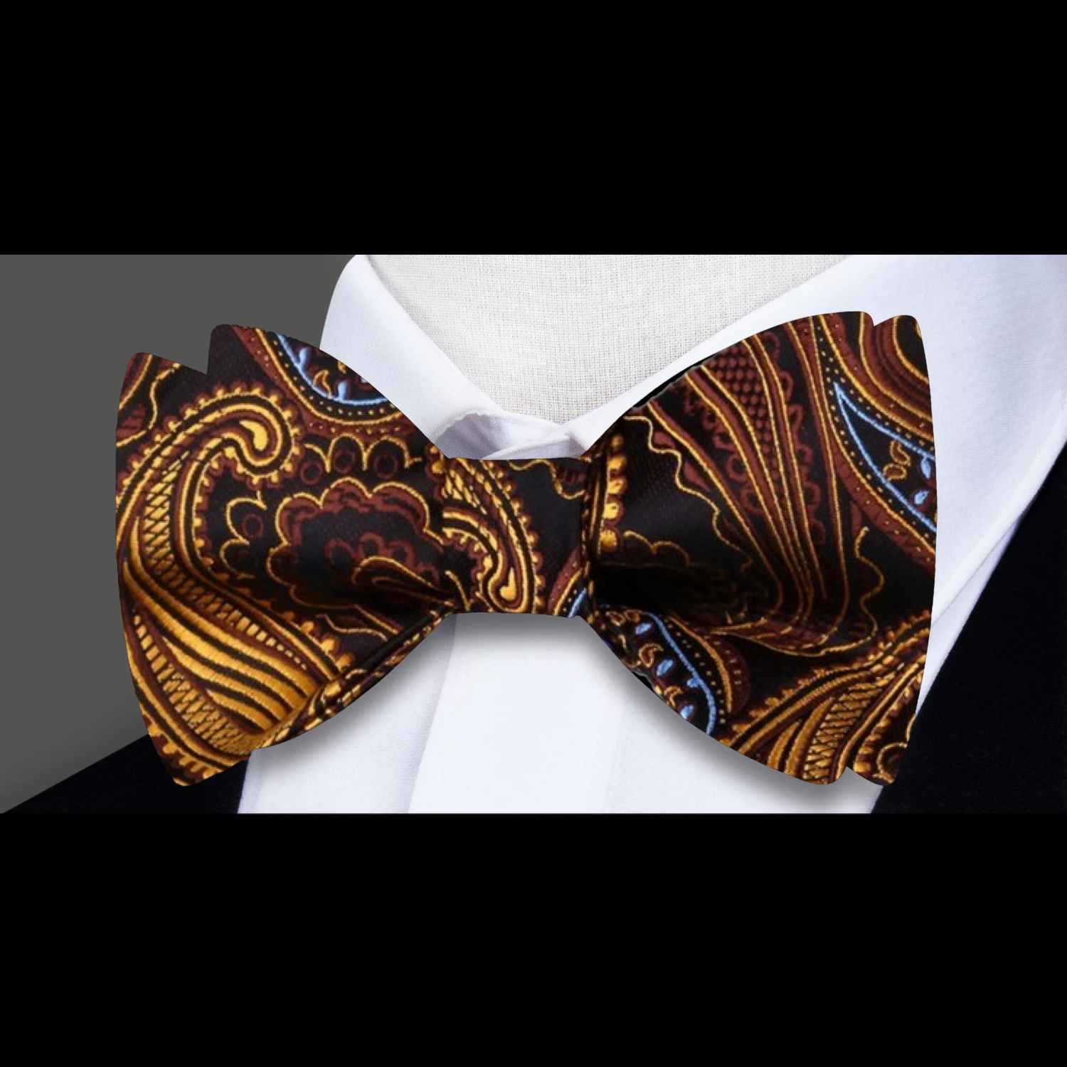 A Gold, Brown Paisley Pattern Self Tie Bow Tie