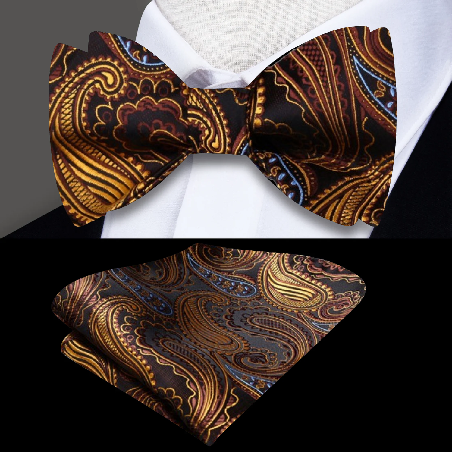 A Gold, Brown Paisley Pattern Self Tie Bow Tie, Matching Pocket Square