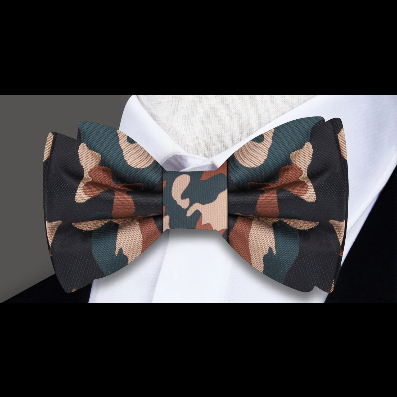 A Brown, Green, Black Color Fleck Camouflage Pattern Bow Tie 