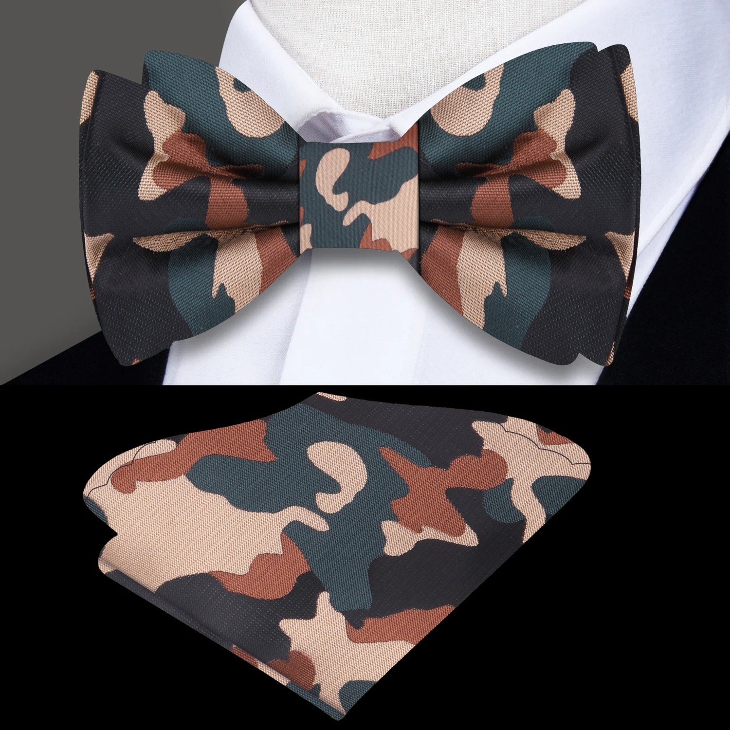 Main View; A Brown, Green, Black Color Fleck Camouflage Pattern Bow Tie, Pocket Square||Brown, Green