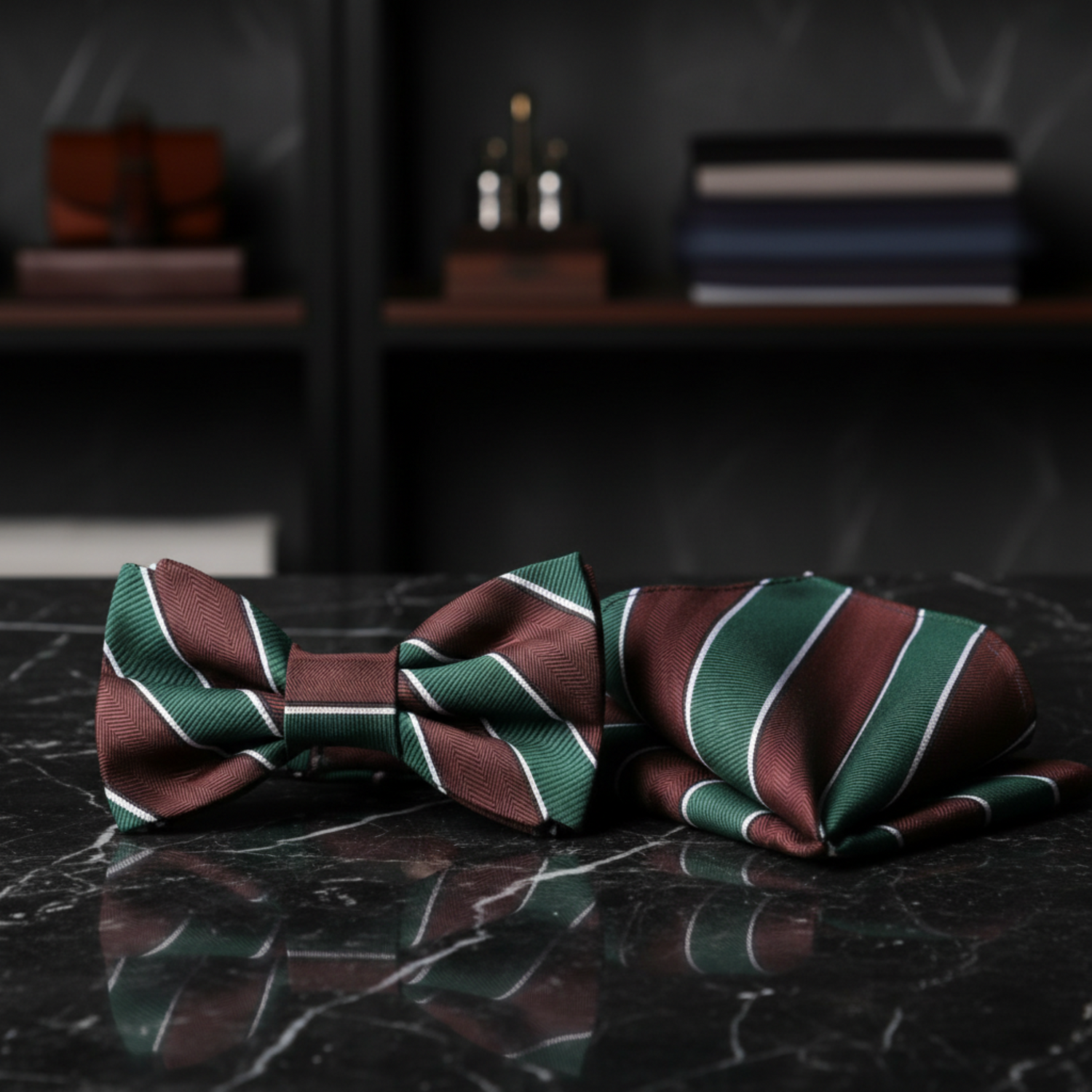 Brown, Green Block Stripe Bow Tie and Square