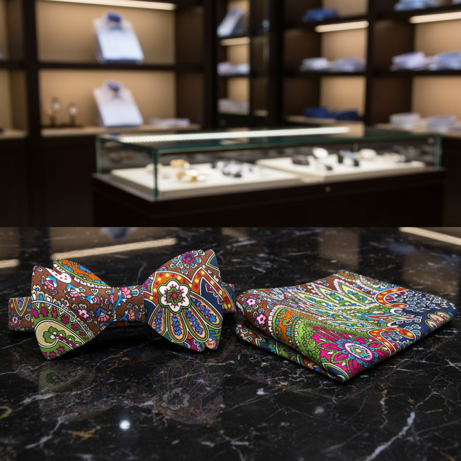 Brown, Green Blue, White Red, Encinitas Bow Tie and Square