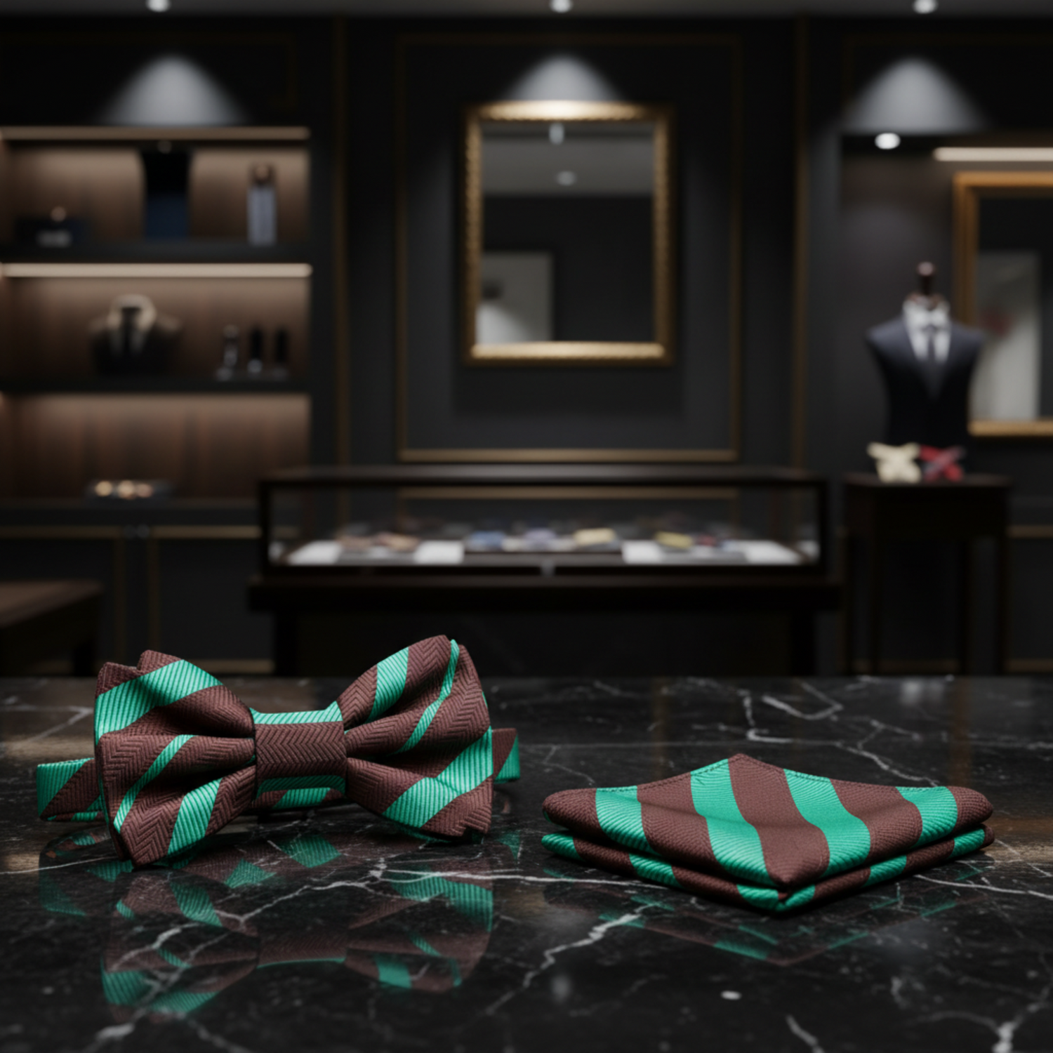 Brown, Mint Green Stripe Bow Tie And Pocket Square