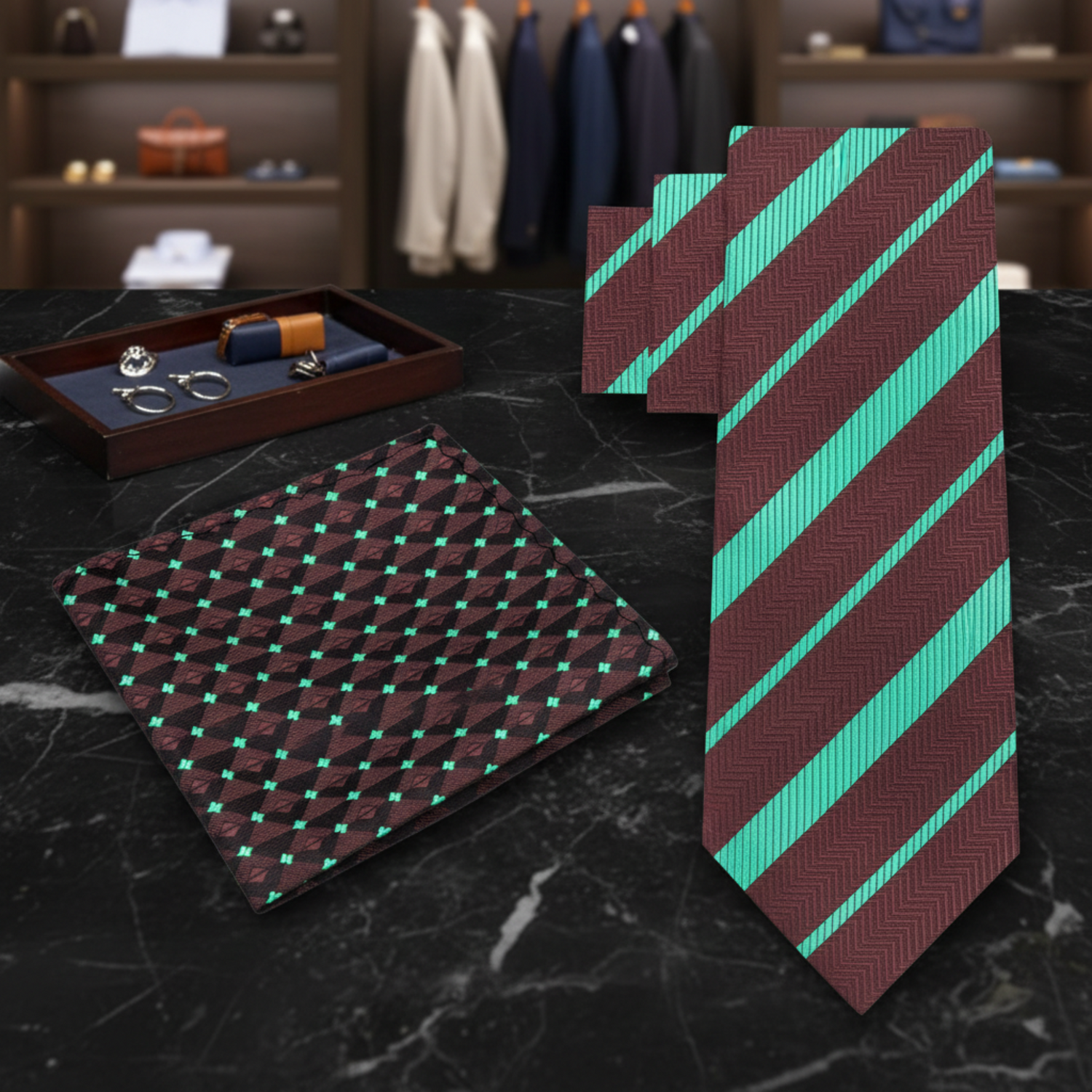 Alt View: Brown, Mint Green Stripe Tie and Accenting Pocket Square