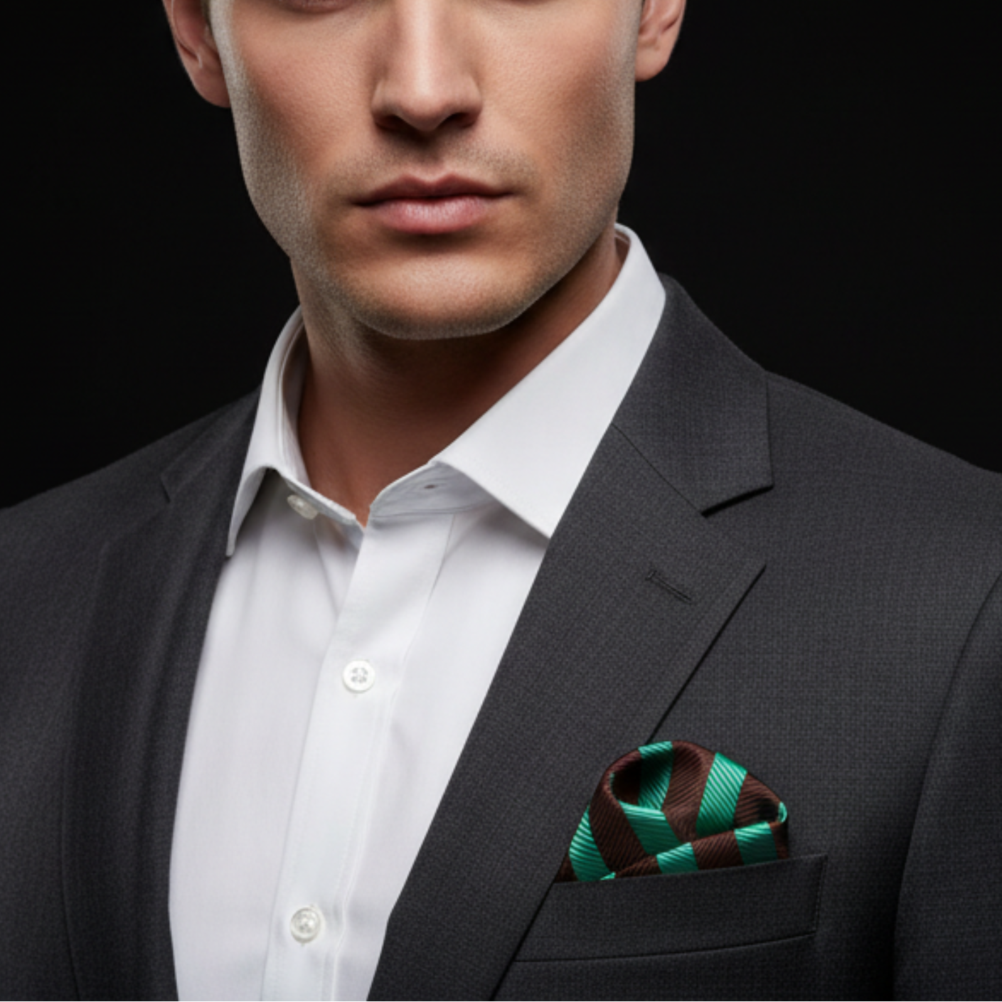 Man wearing a gray suit with a white shirt and green striped pocket square on a black background