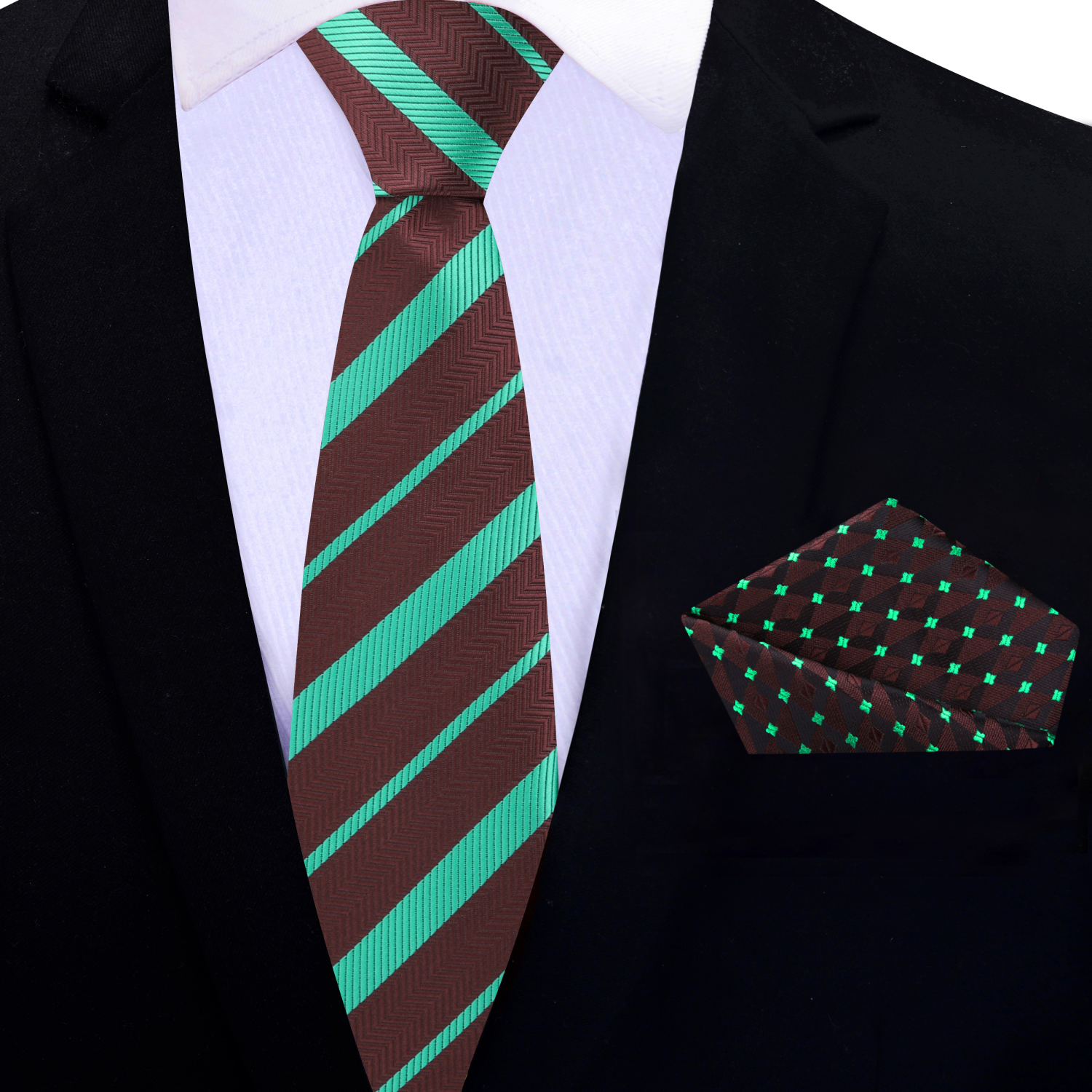 Thin Brown, Mint Green Stripe Tie and Accenting Pocket Square