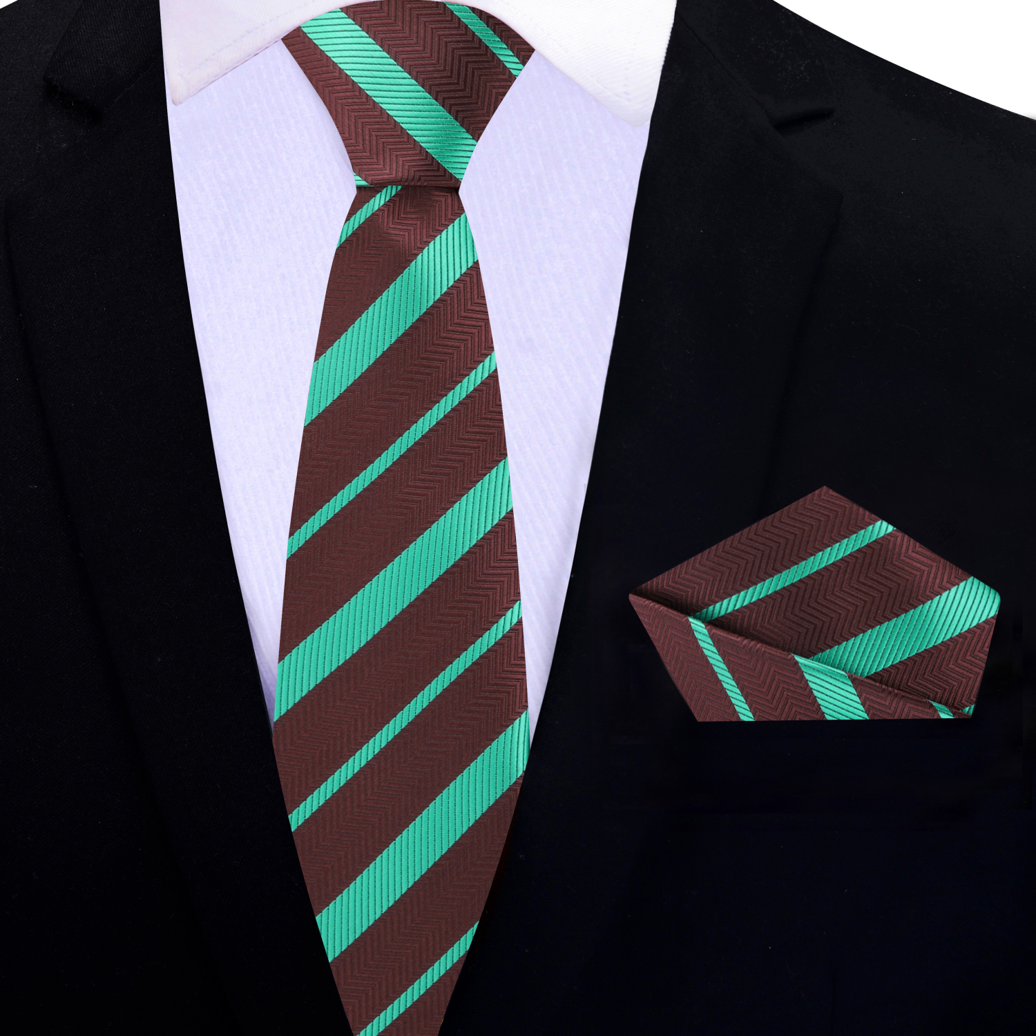 Thin Brown, Mint Green Stripe Tie and Pocket Square