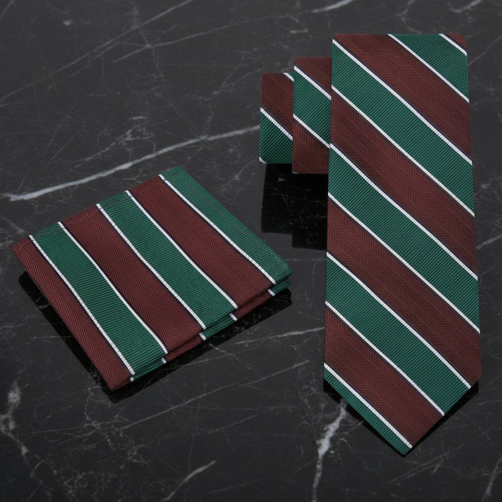 Alt: Brown, Green Block Stripe Tie and Square