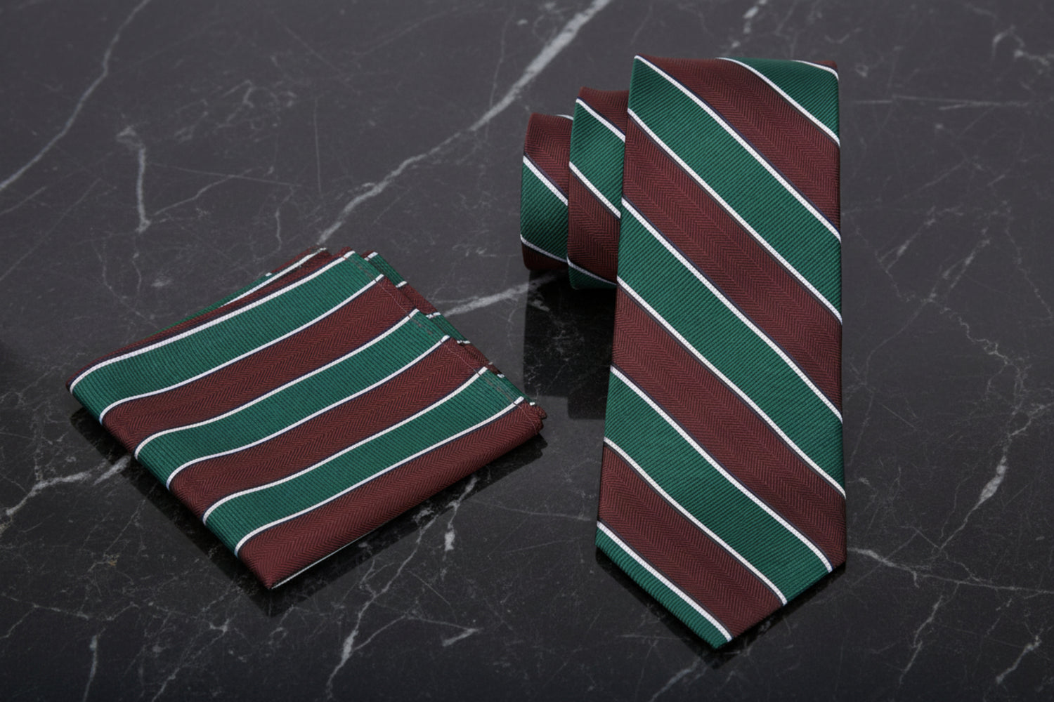 Alt Brown, Green Stripe Tie and Square
