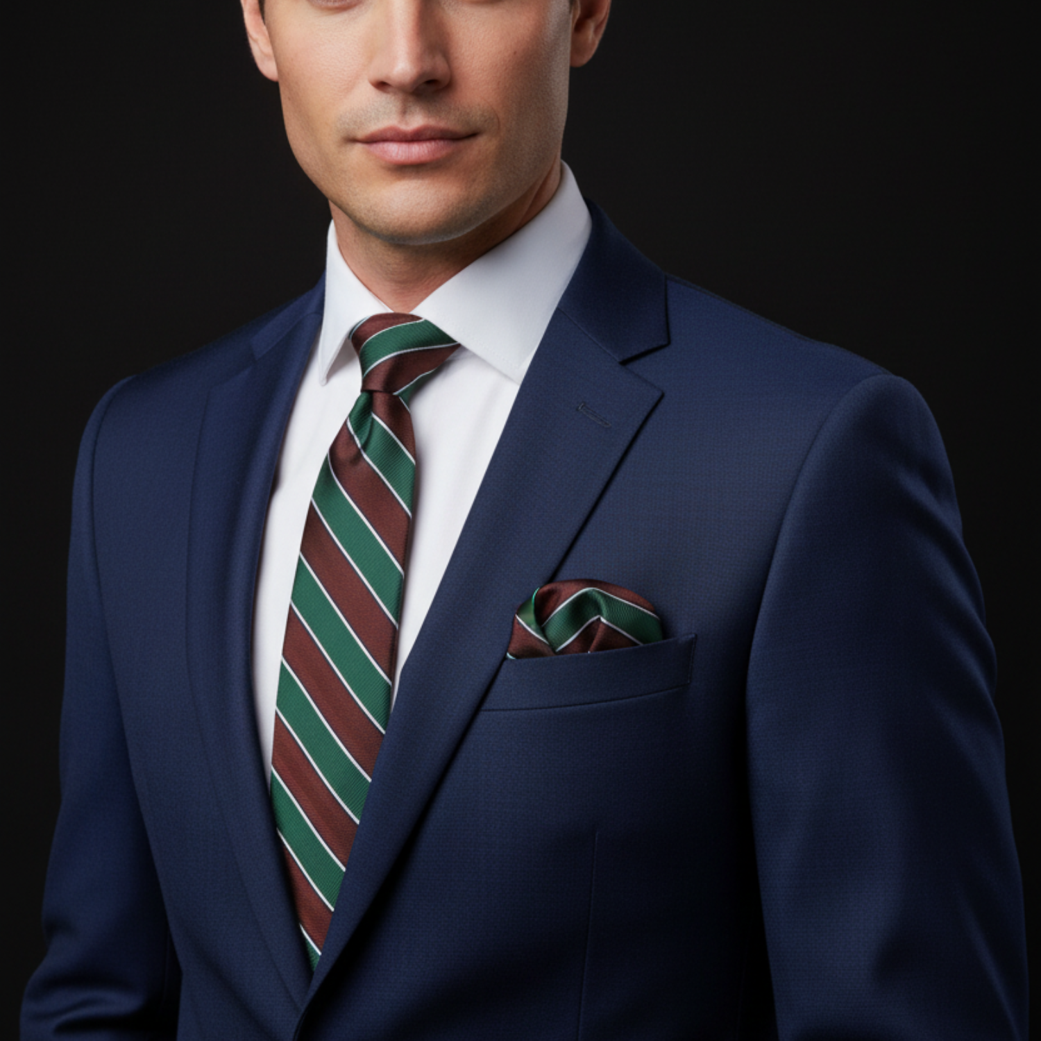 Man wearing a blue suit with a striped tie and pocket square on a black background