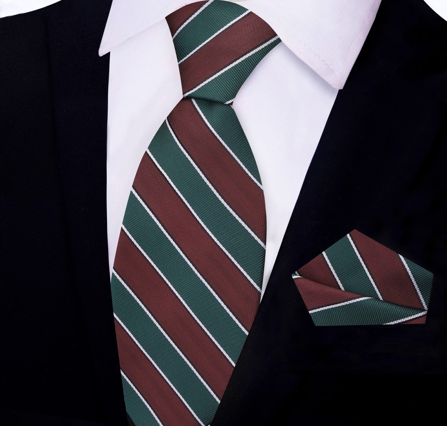 Brown, Green Block Stripe Tie and Square