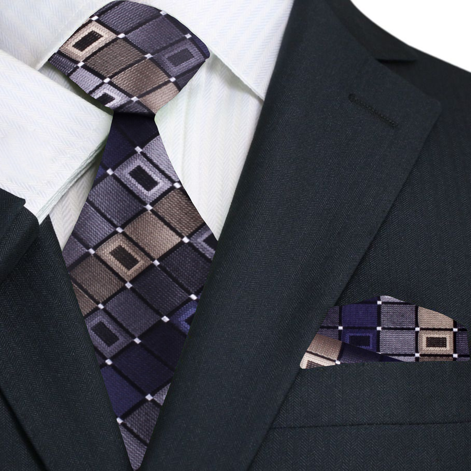 Premium A Brown, Grey Geometric Pattern Necktie, Matching Pocket Square