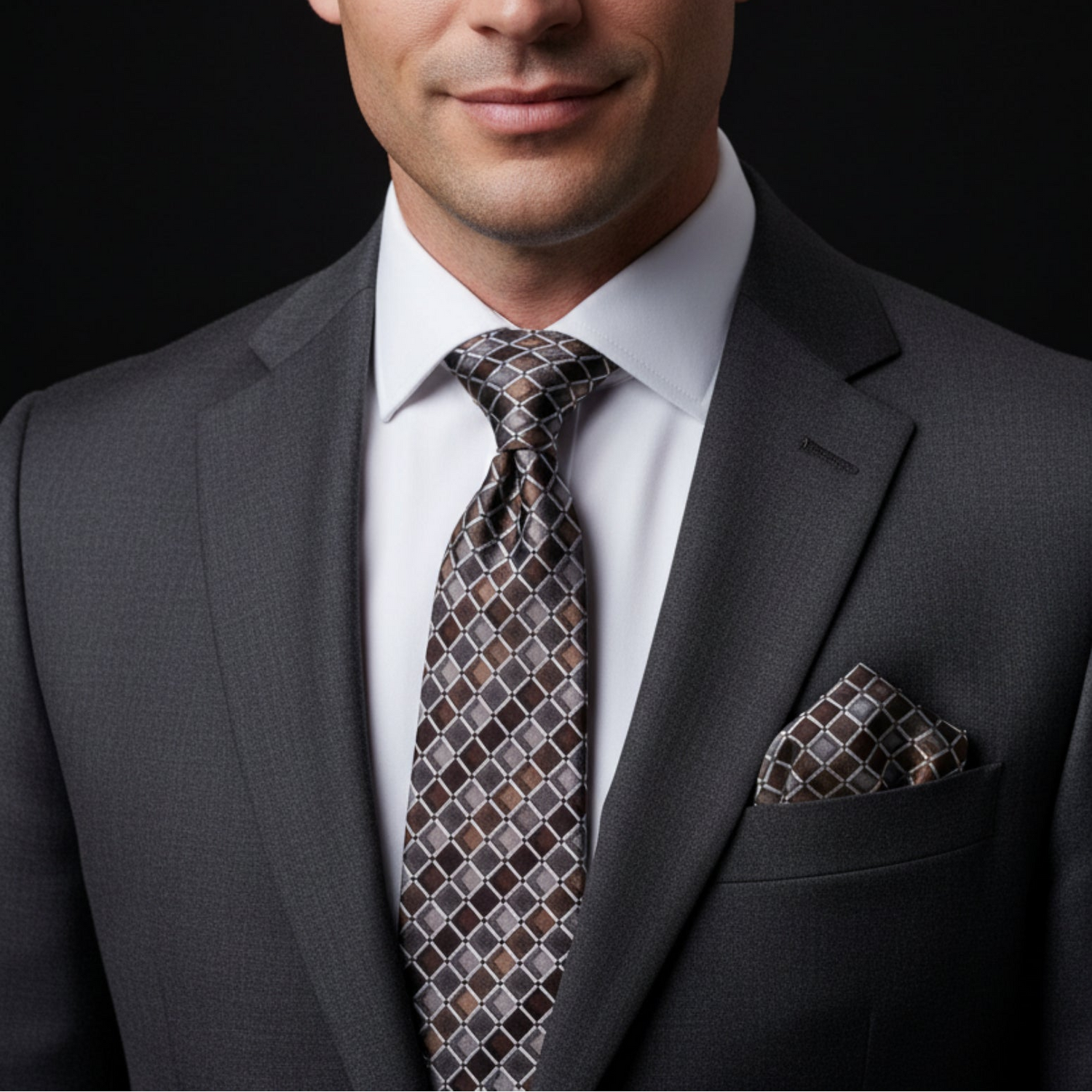 Man wearing a gray suit with a patterned tie and pocket square against a black background