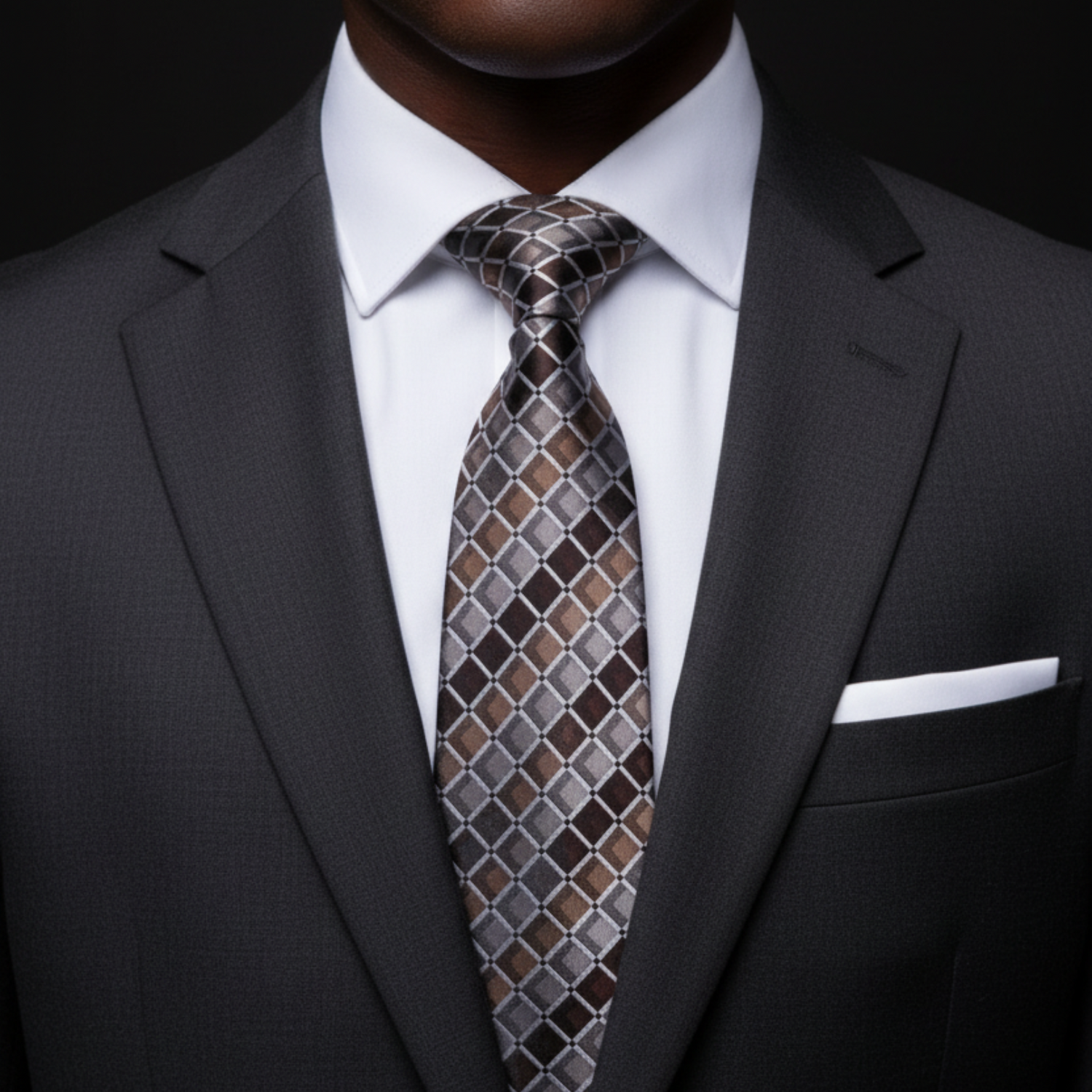 Man wearing a gray suit with a patterned tie against a black background