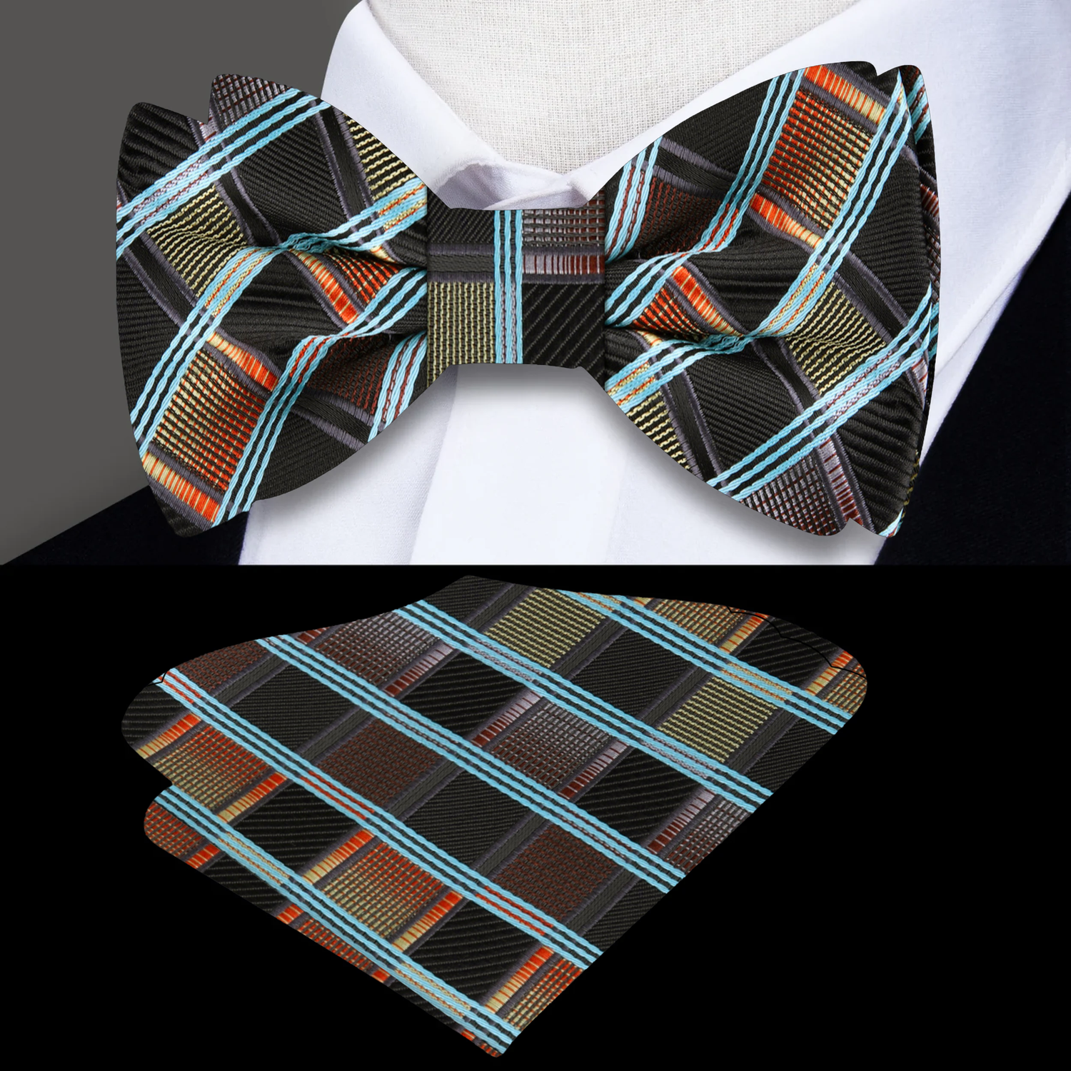 Black, Teal and Orange Geometric Bow Tie and Square||Brown, Teal, Orange