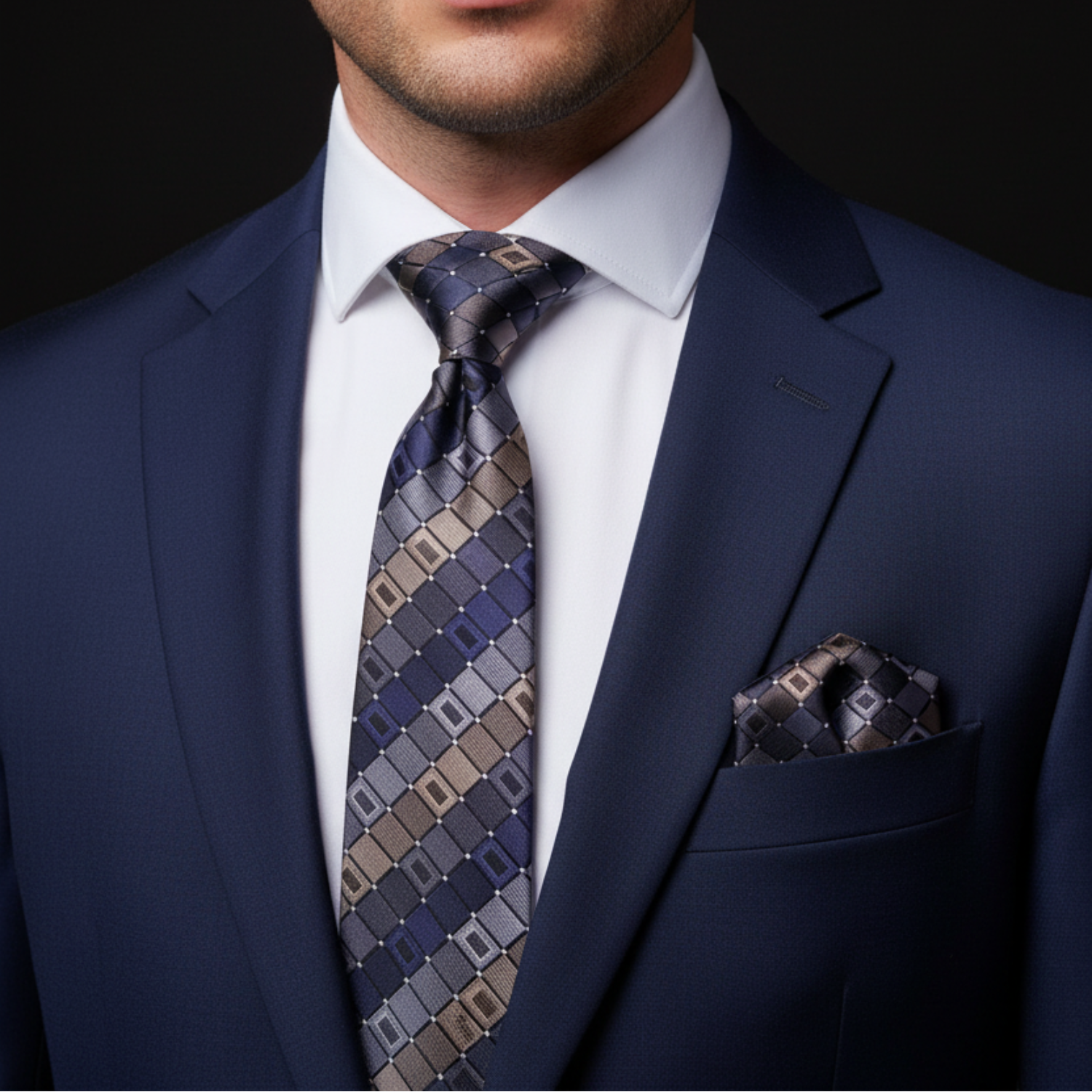 Man wearing a navy suit with a patterned tie and pocket square against a black background