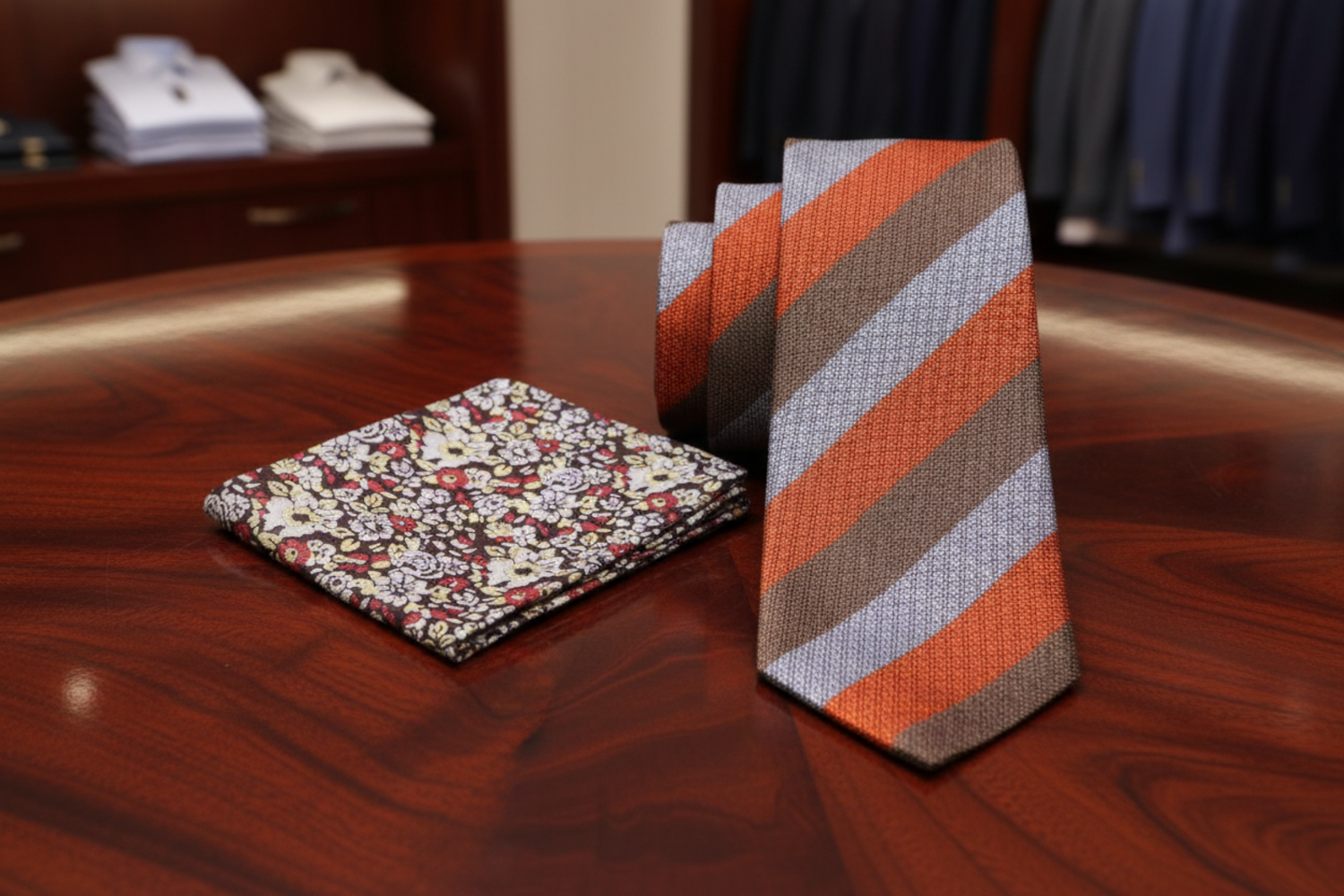 Alt Grey, Brown and Red Stripe Necktie and Accenting Floral Square