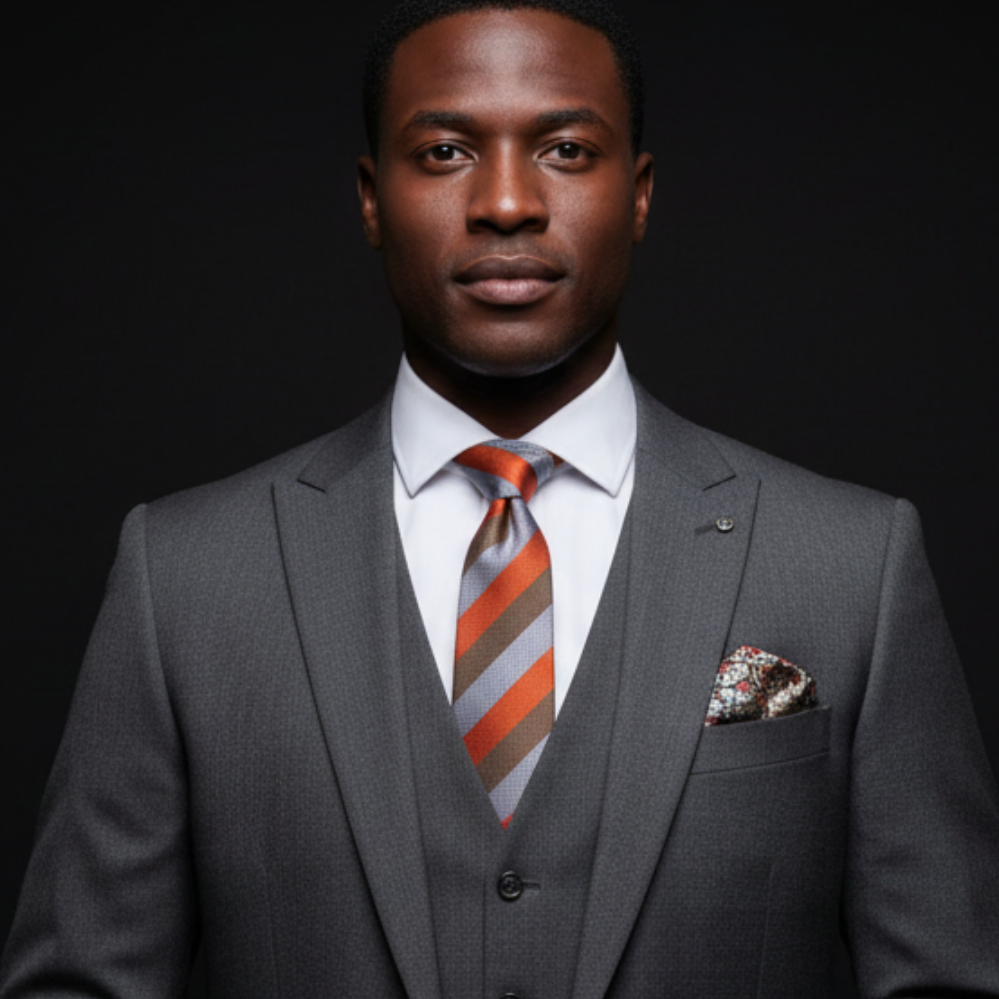Man wearing a gray suit with an orange tie against a black background