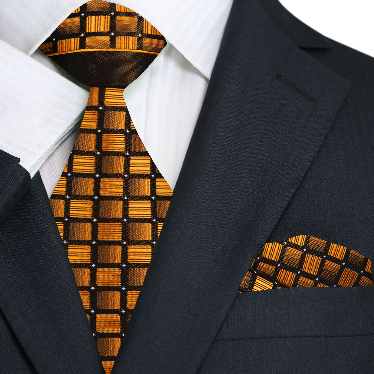 Premium A Honey, Brown and Black Checker Pattern Silk Necktie With Matching Pocket Square|