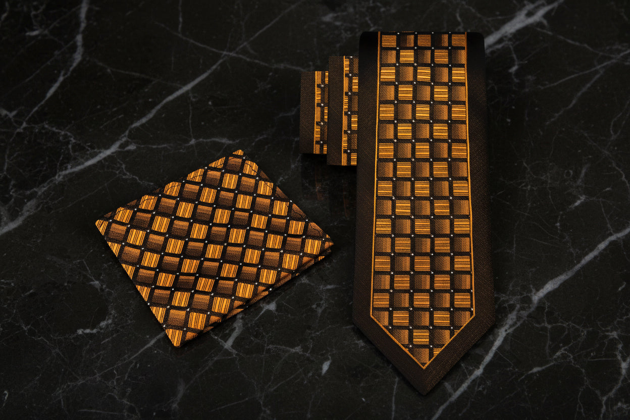 Alt View: Golden Brown Geometric Tie and Matching Square