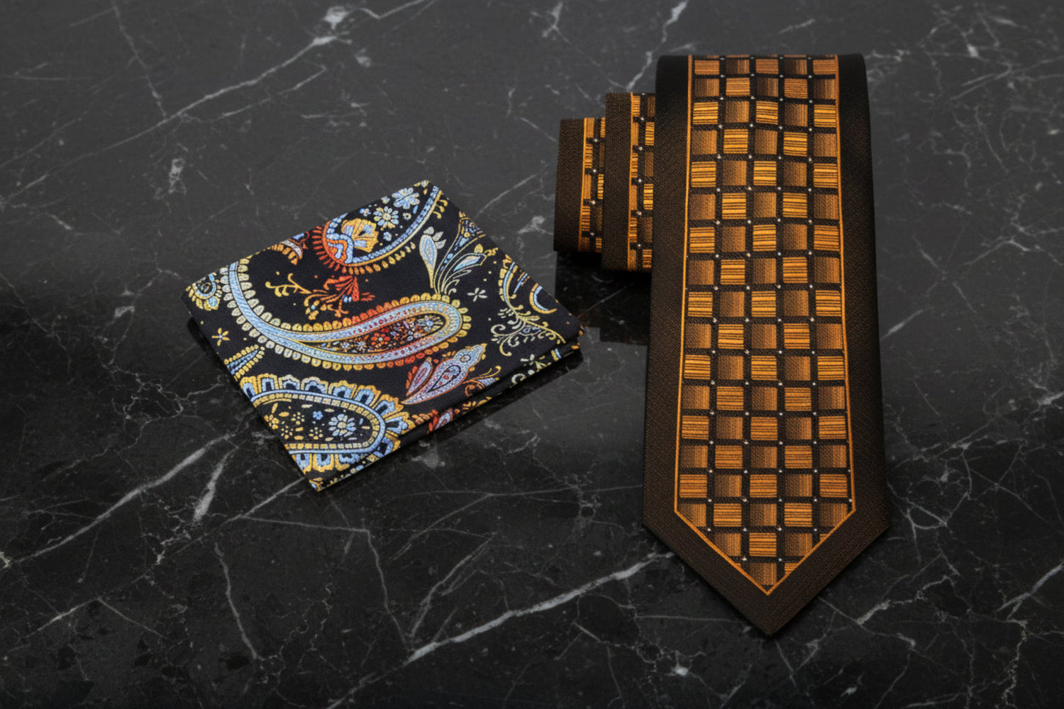 Alt View: Golden Brown Geometric Tie and Brown, Yellow and Red Paisley Square