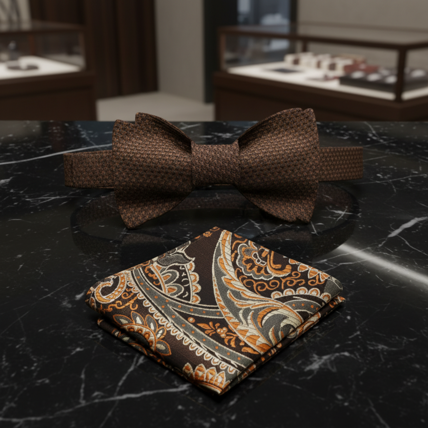 A solid brown houndstooth textured bow tie laid out on a stone surface surrounded by white flowers.