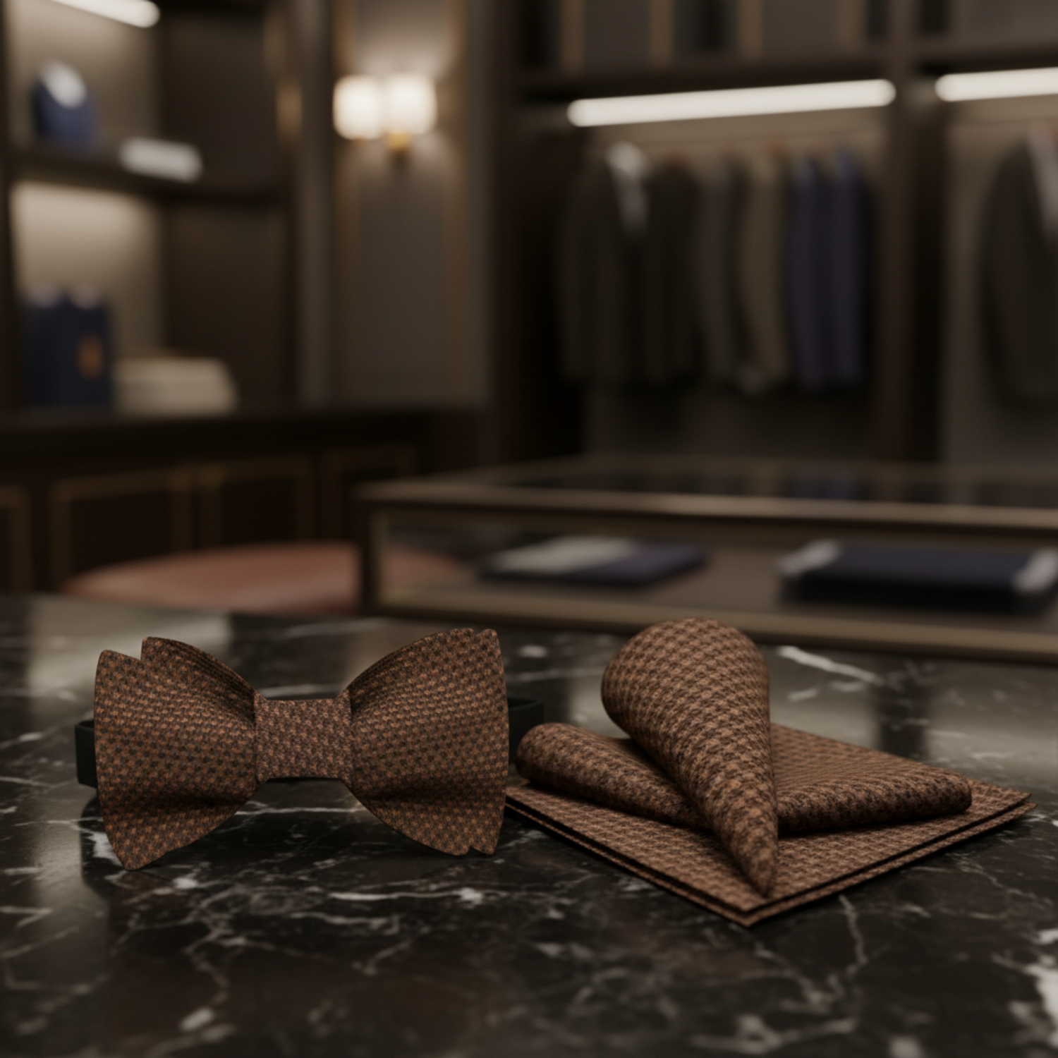 A solid brown houndstooth textured bow tie laid out on a stone surface surrounded by white flowers.