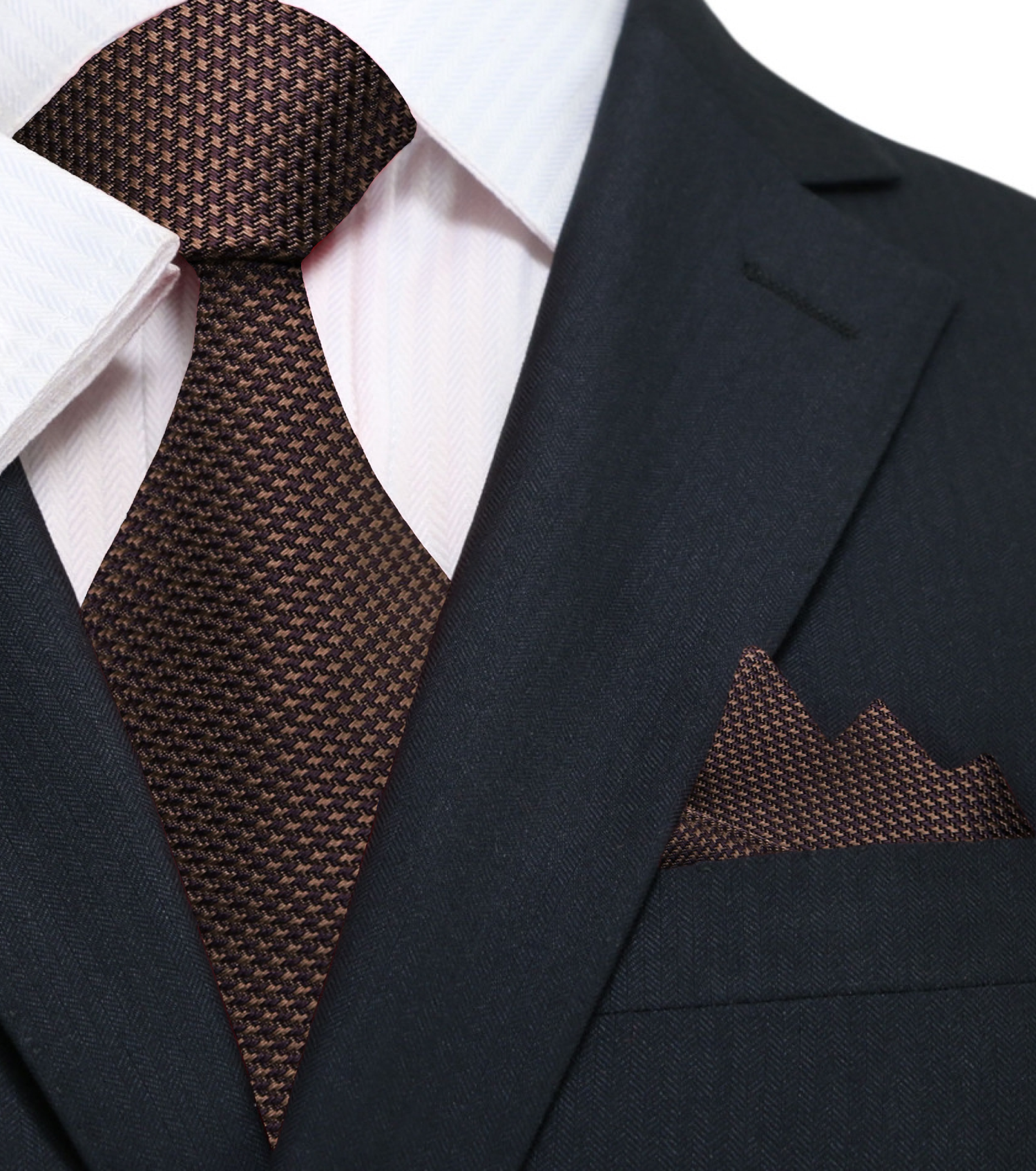 Main View: A Brown Houndstooth Pattern Necktie, Matching Pocket Square