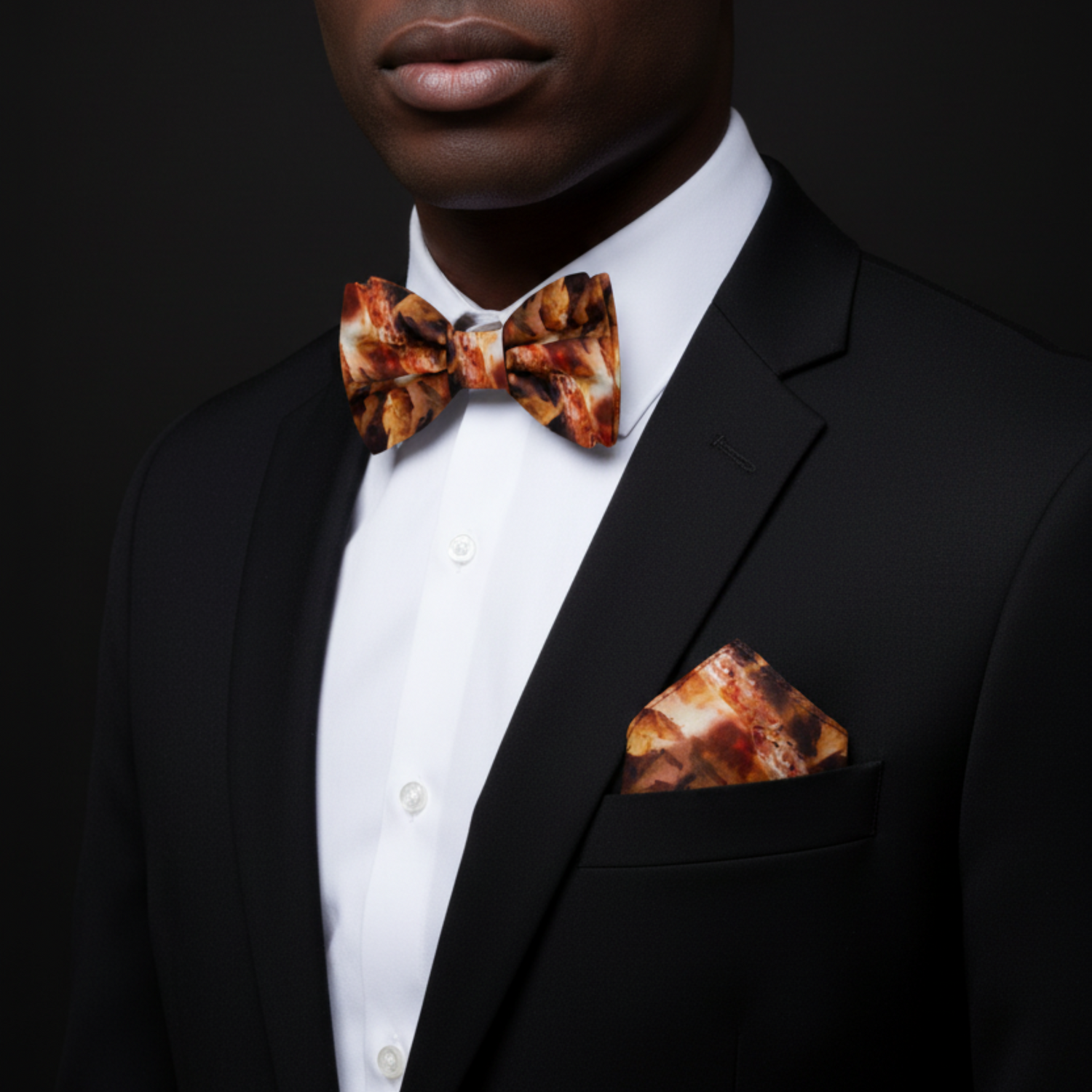 Man wearing iced coffee bow tie and square on man with black suit