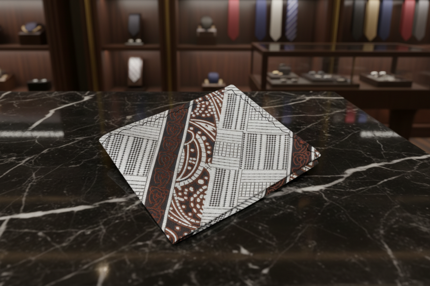 Folded fabric with geometric pattern on a marble surface, with a background of shelves displaying ties.