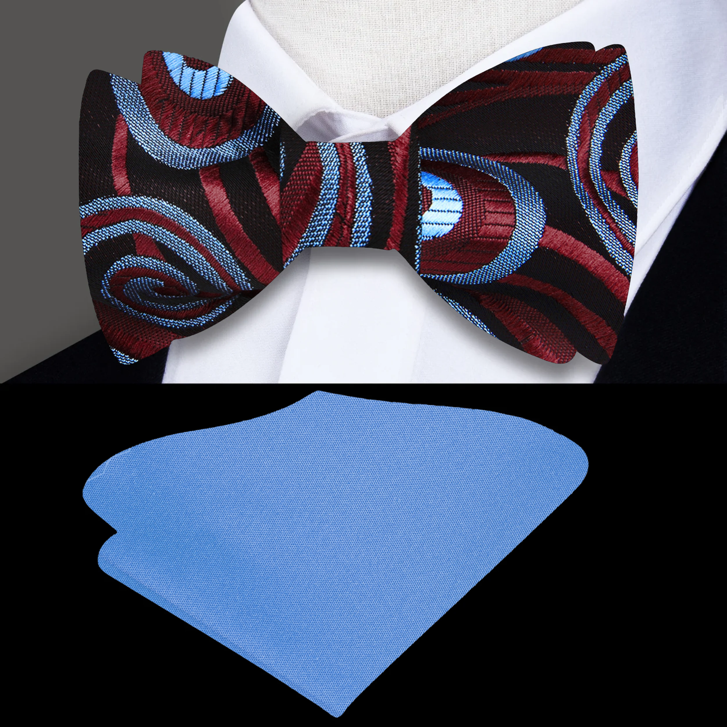 A Brown, Blue Intricate Paisley Pattern Self Tie Bow Tie, Blue Pocket Square