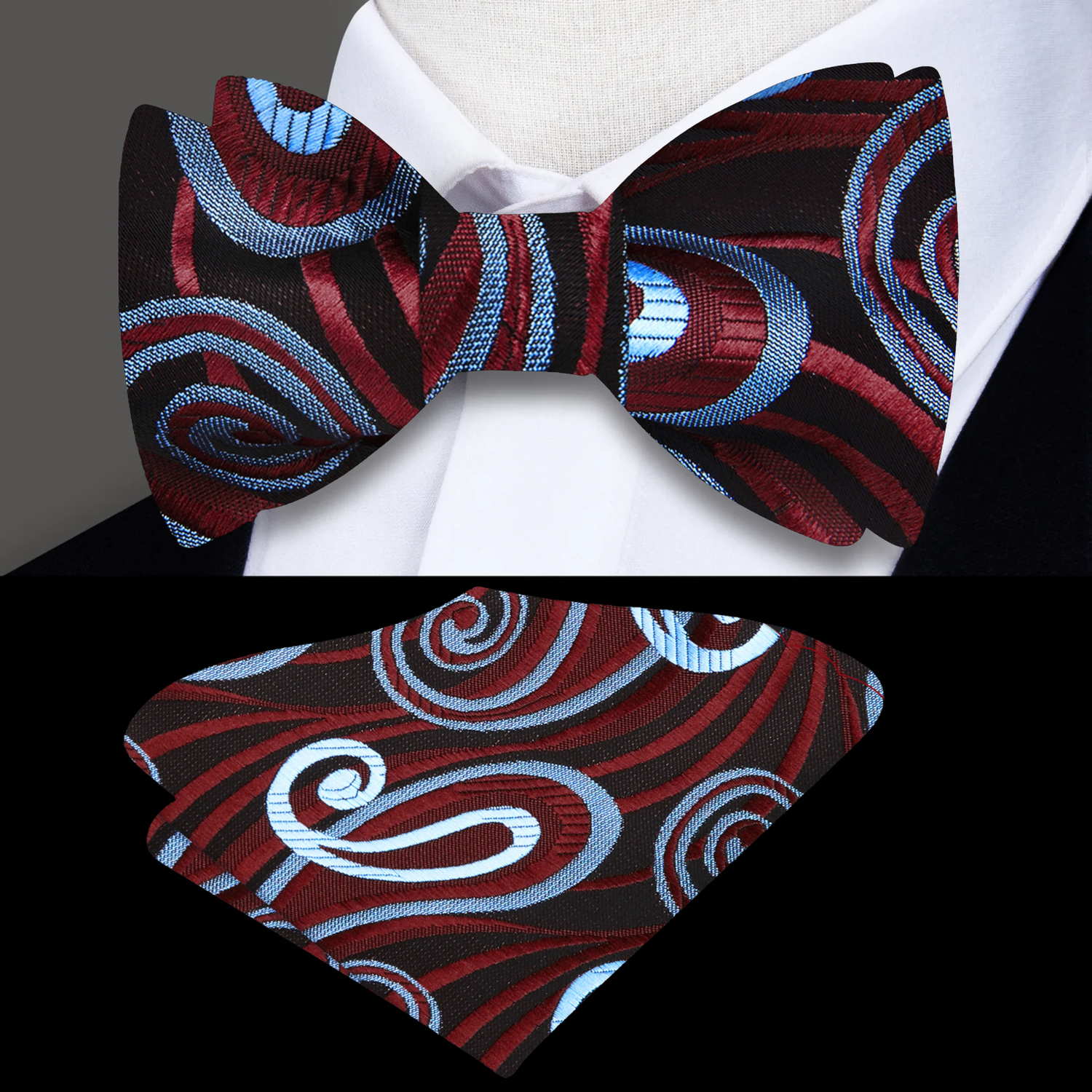 A Brown, Blue Intricate Paisley Pattern Self Tie Bow Tie, Matching Pocket Square