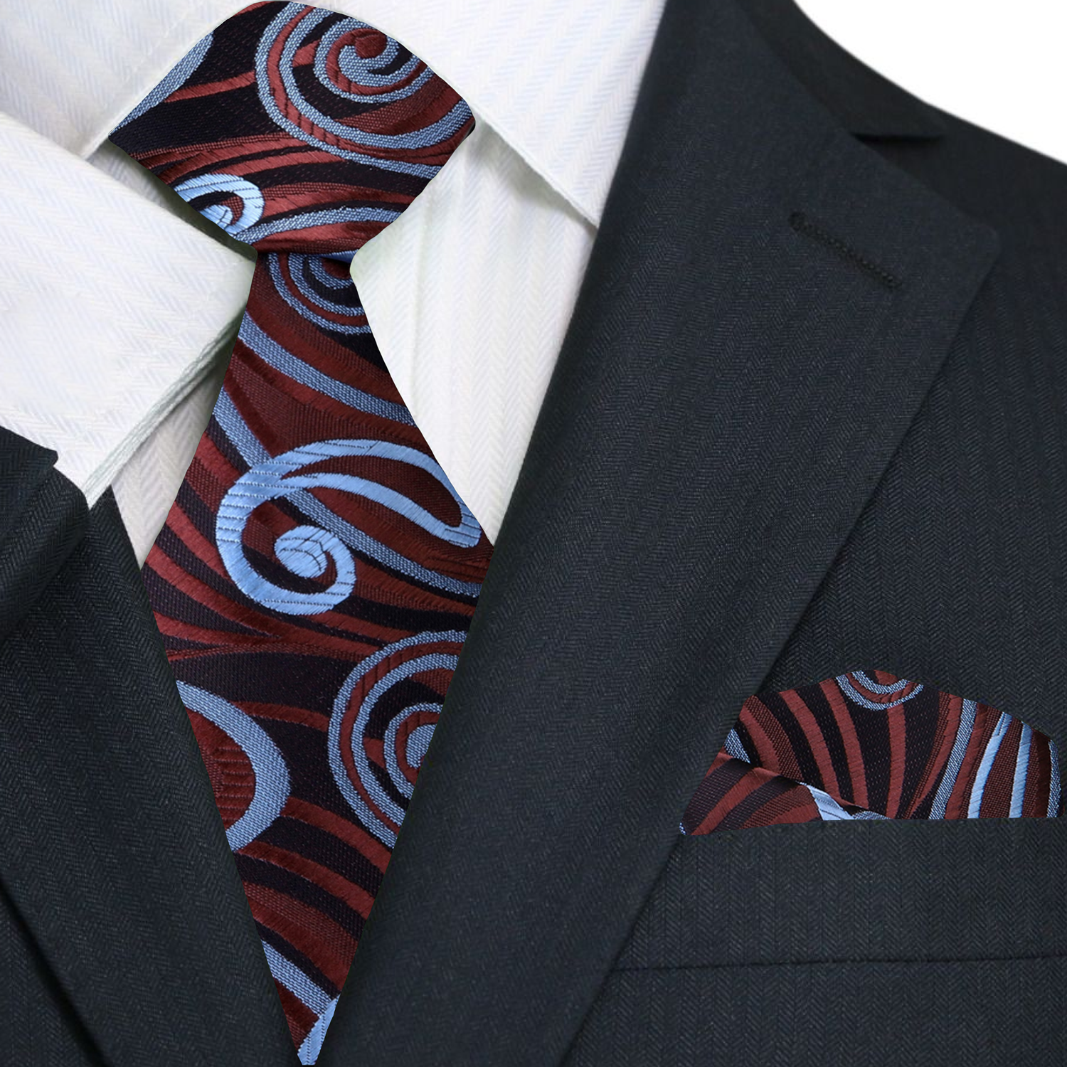 A Brown, Dark Brown And Light Blue Paisley Pattern Necktie, Matching Pocket Square