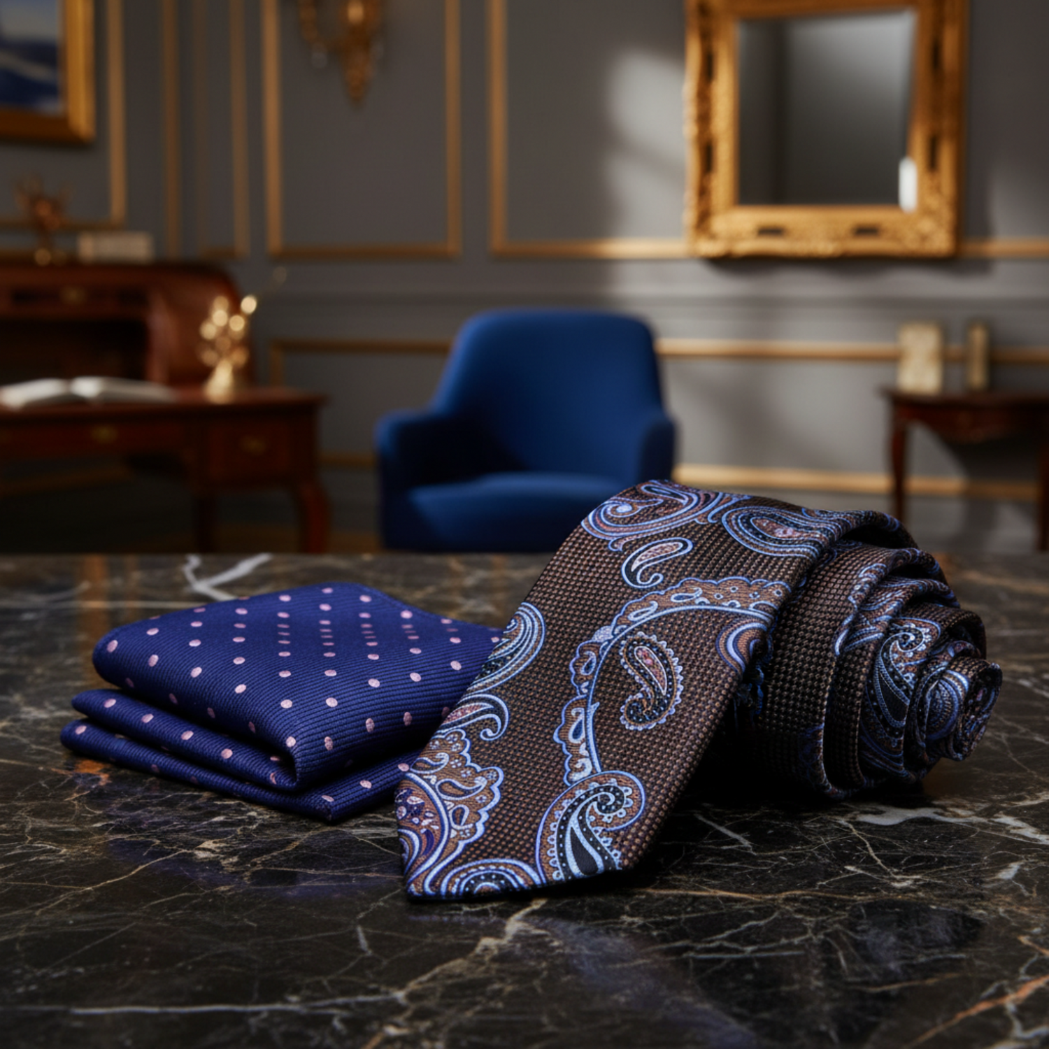 View 2: A Brown, Light Blue, Pink Paisley Pattern Necktie, Accenting Pocket Square