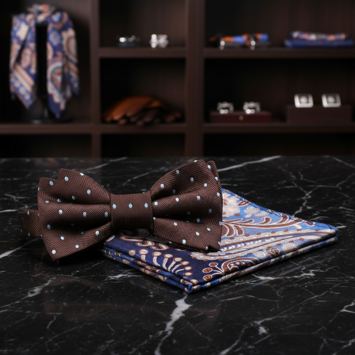 Brown, Light Blue Polka Bow with Accenting Paisley Pocket Square